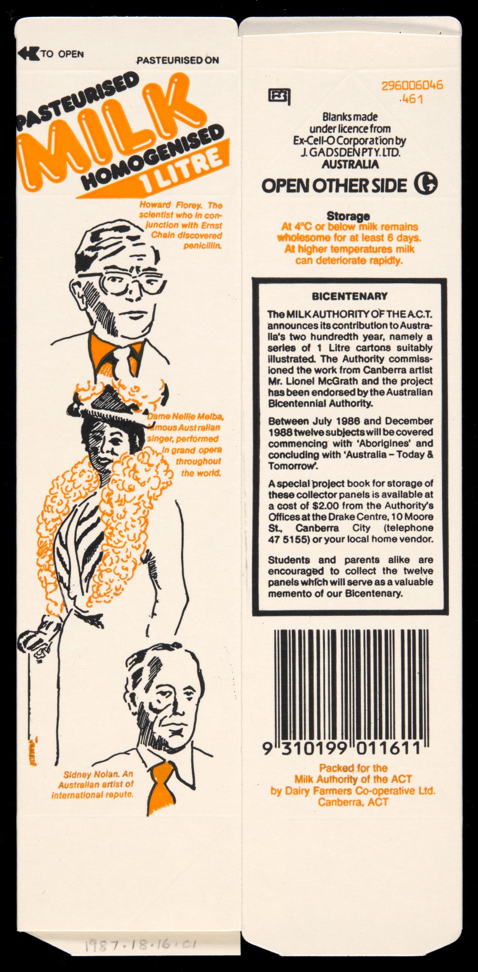 Achievers’ bicentennial commemorative milk carton, featuring Howard Florey, Dame Nellie Melba and Sidney Nolan.