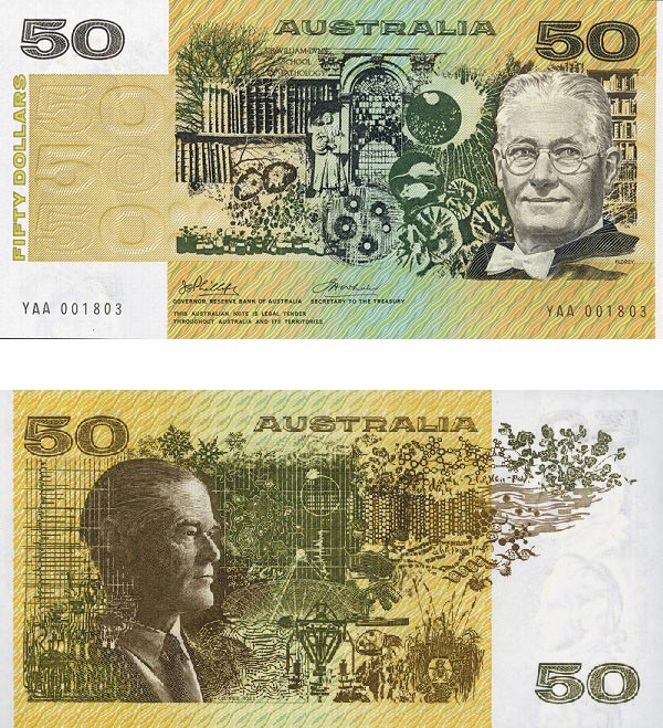 Australian money. Australian dollar banknotes. 50 AUD dollars bills. Stock  Photo