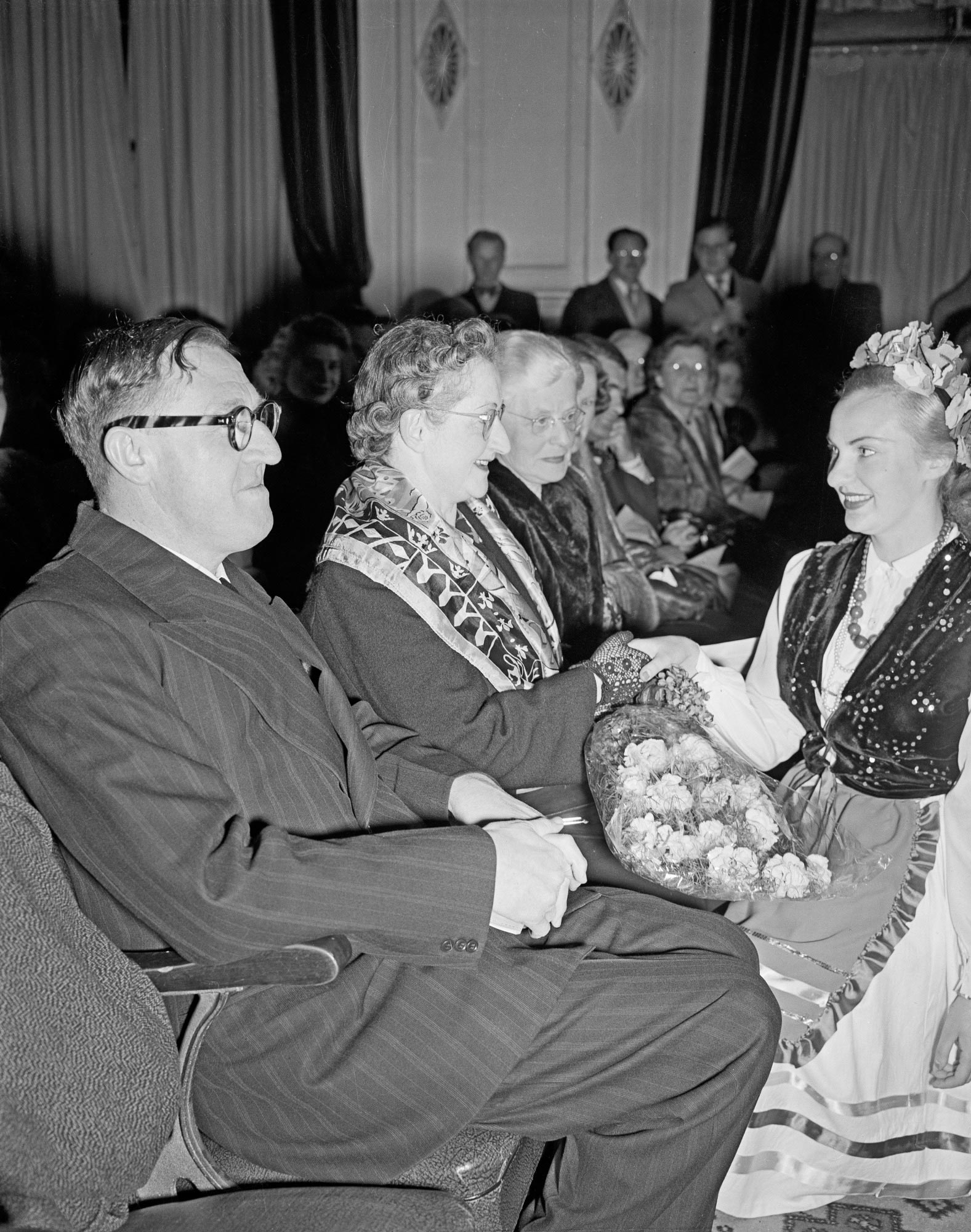 Mr Arthur Calwell and Mrs Calwell at the Lithuanians Handicraft Exhibition, Canberra, 1949.