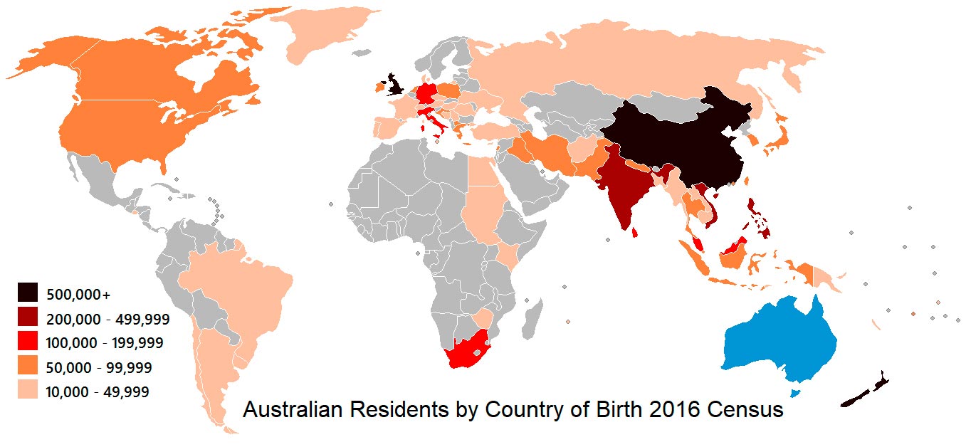 Map of the world titled 'Australian Residents by Country of Birth 2016 Census'.