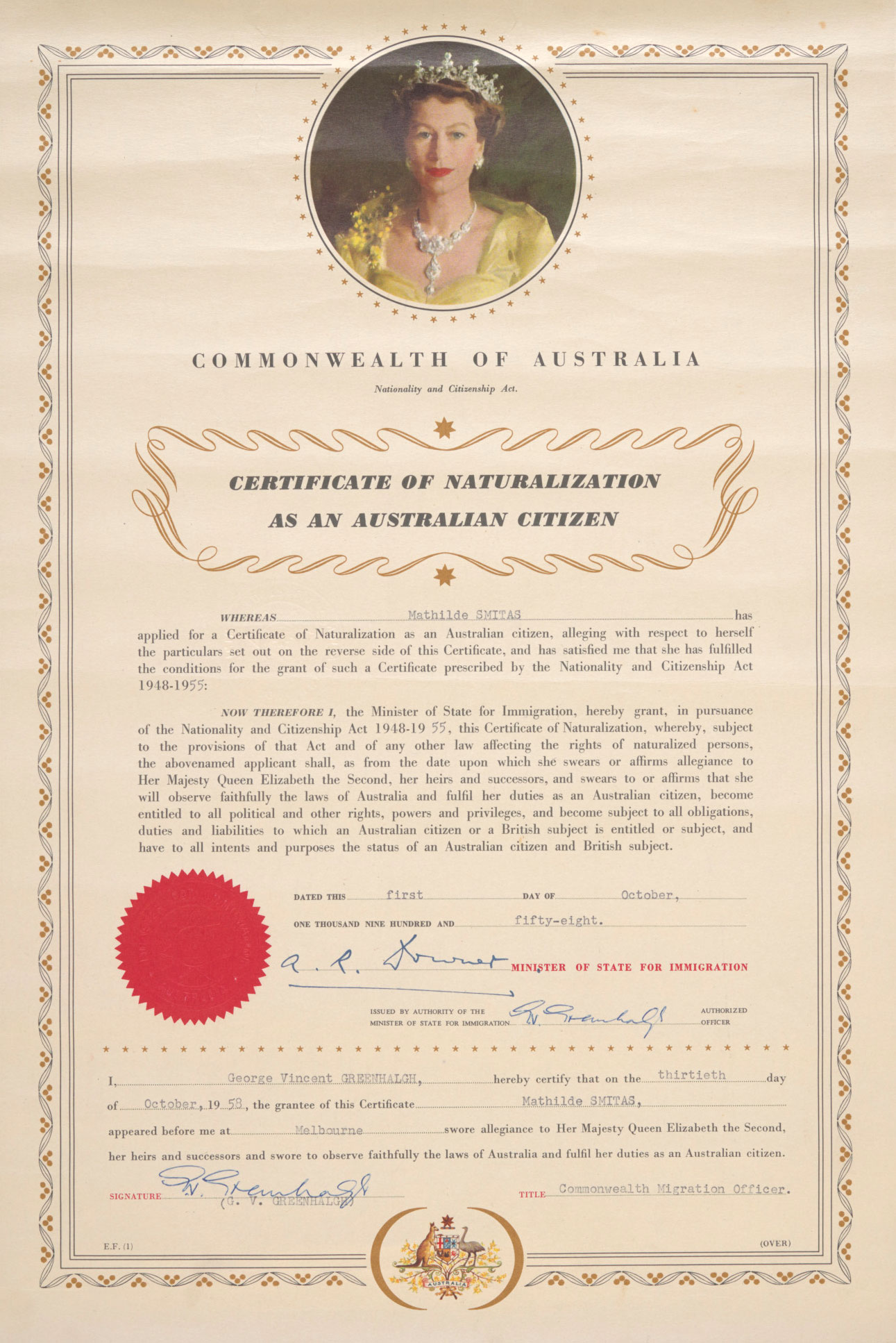 Certificate of naturalisation for Mathilde Smitas.