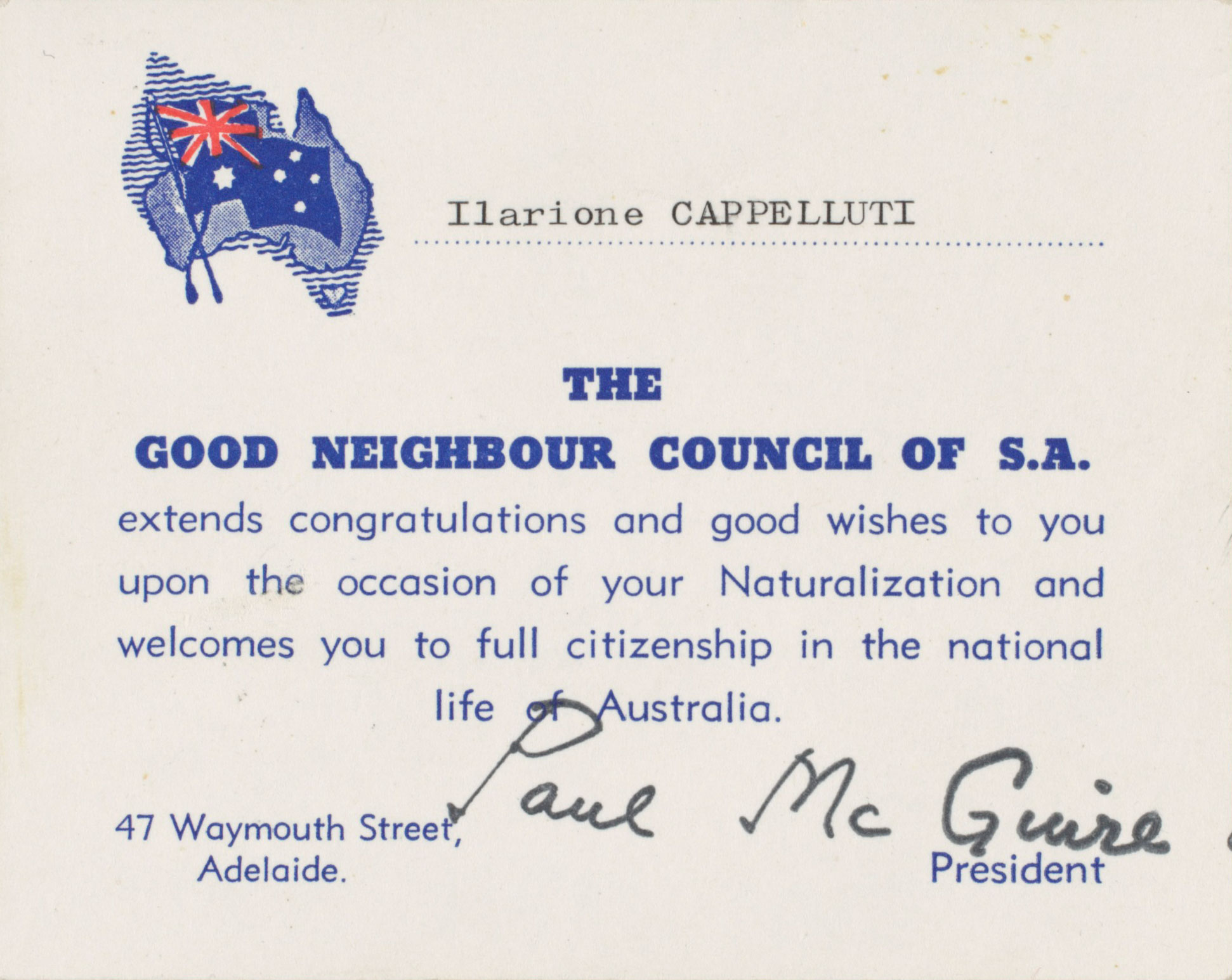 ‘Song of Australia’ card issued to Mr Capelluti after his naturalisation, 1962.