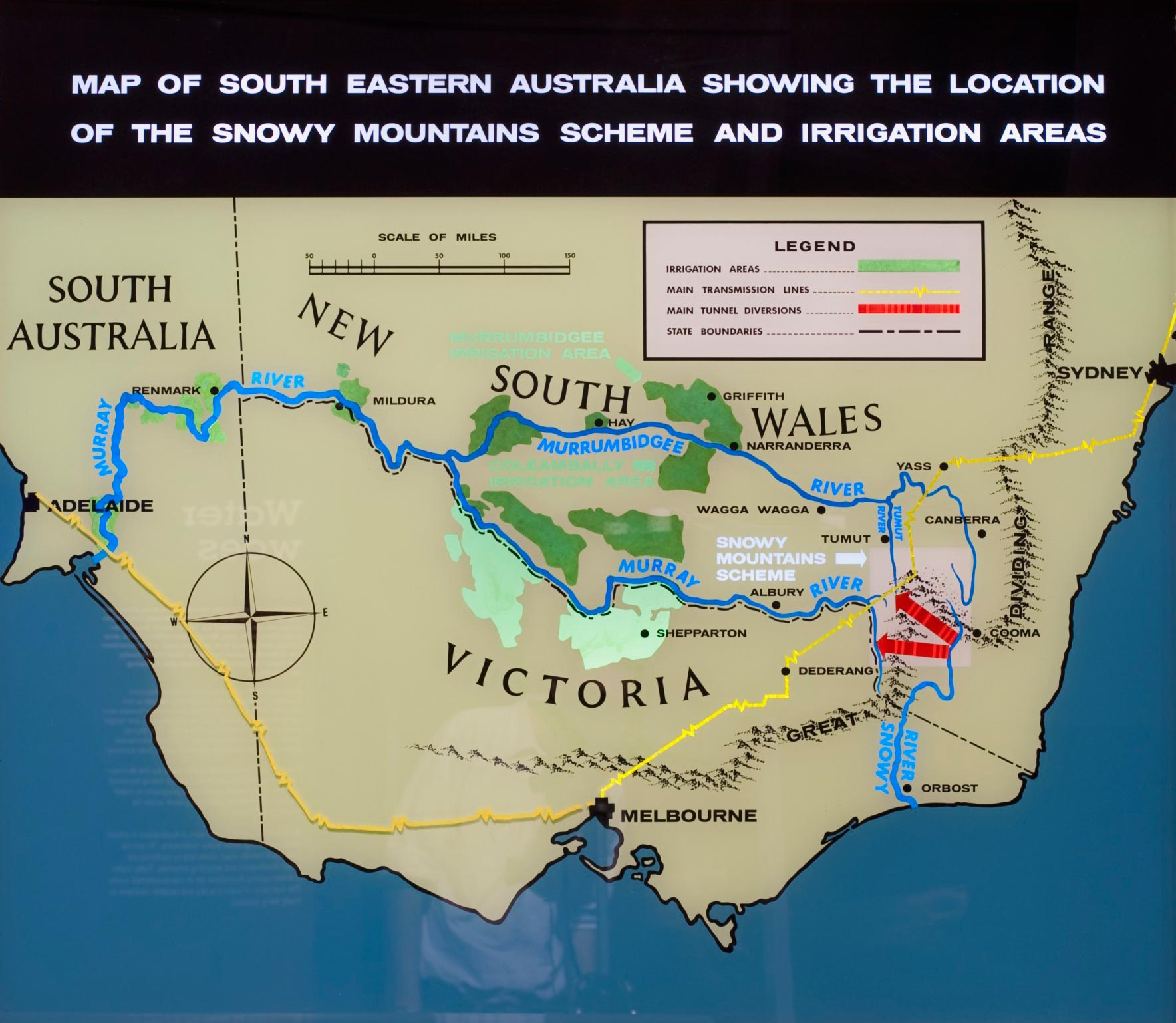 <p>Light box showing a map of the Snowy Mountains Hydro Scheme and the areas it would irrigate</p>