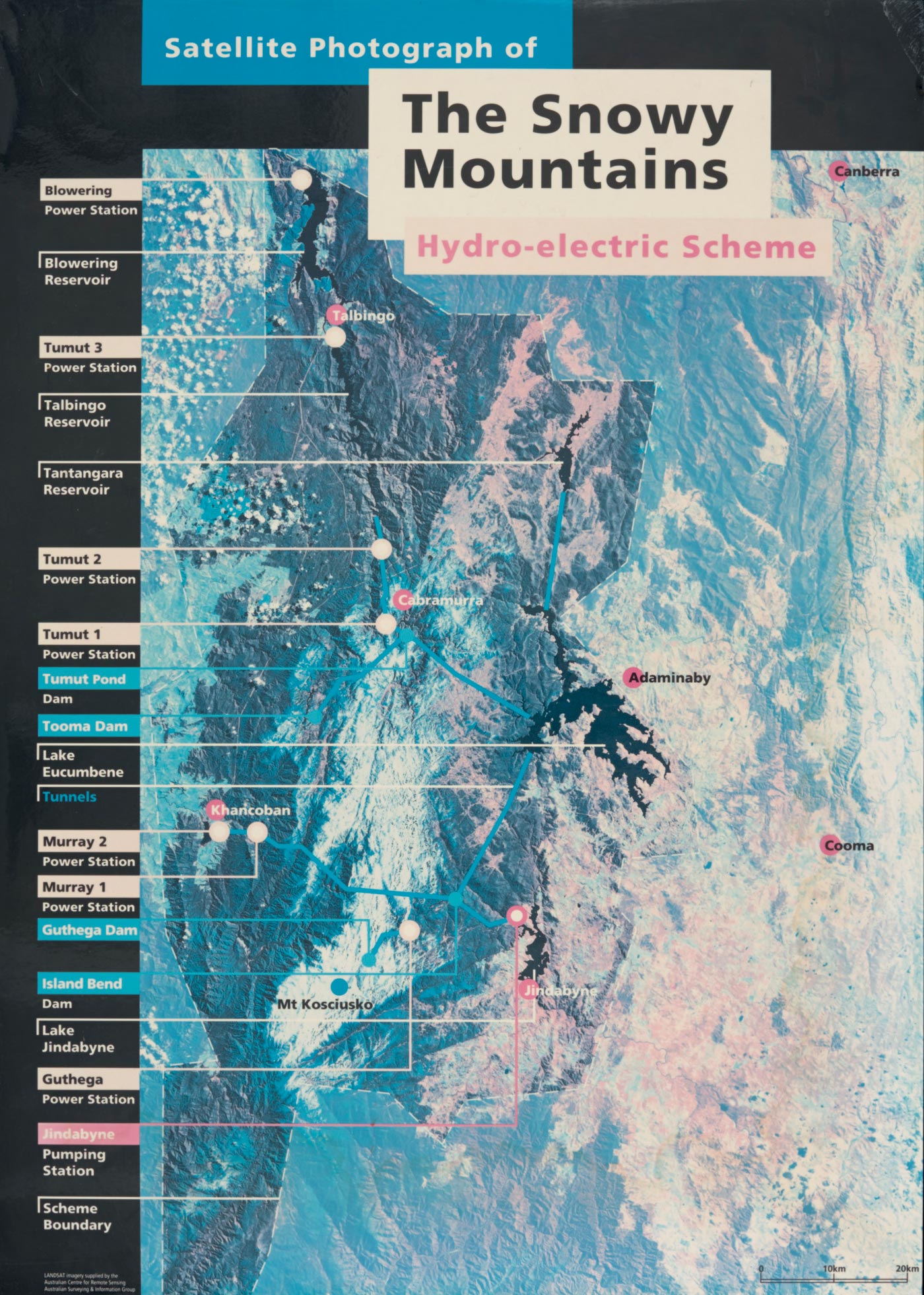 Satellite photograph of The Snowy Mountains Hydro-electric Scheme.