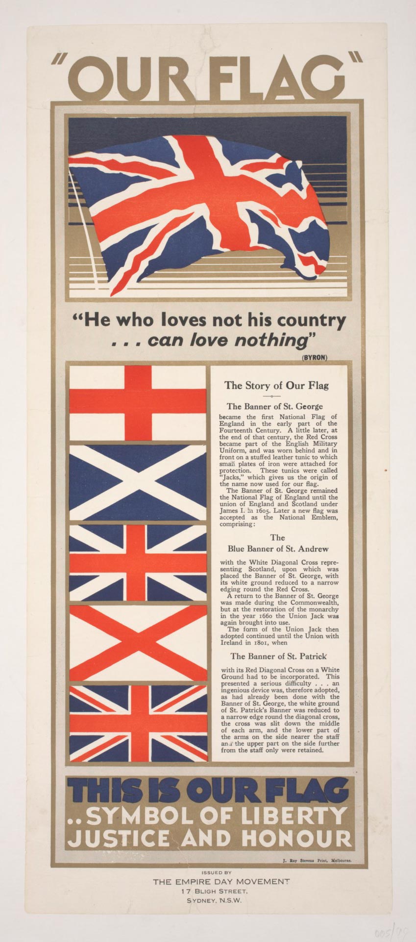 Lithograph poster featuring the Union Jack and its flags of origin, including the crosses of St George, St Andrews and St Patrick.