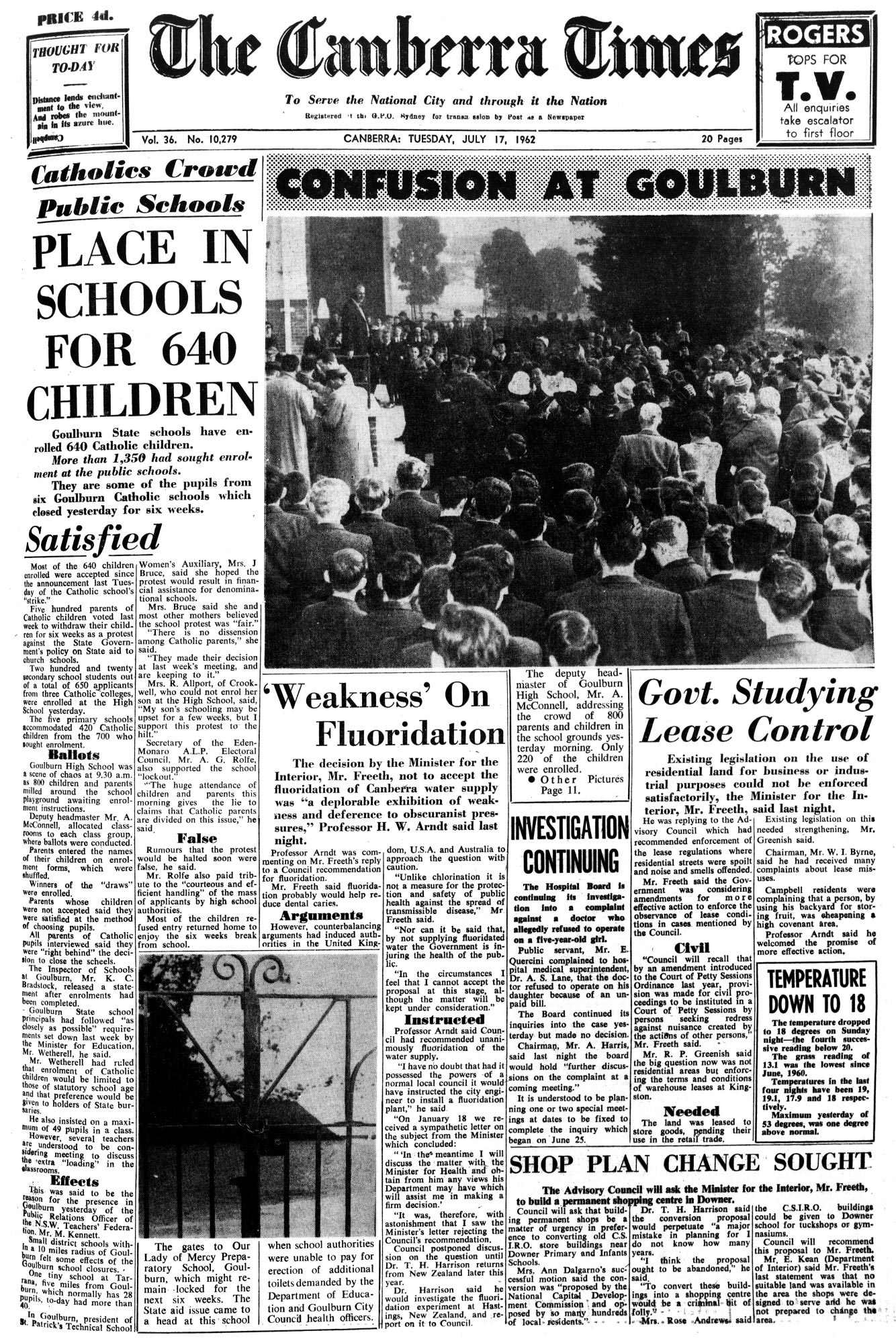 Front page of the <i>Canberra Times</i>, 17 July 1962
