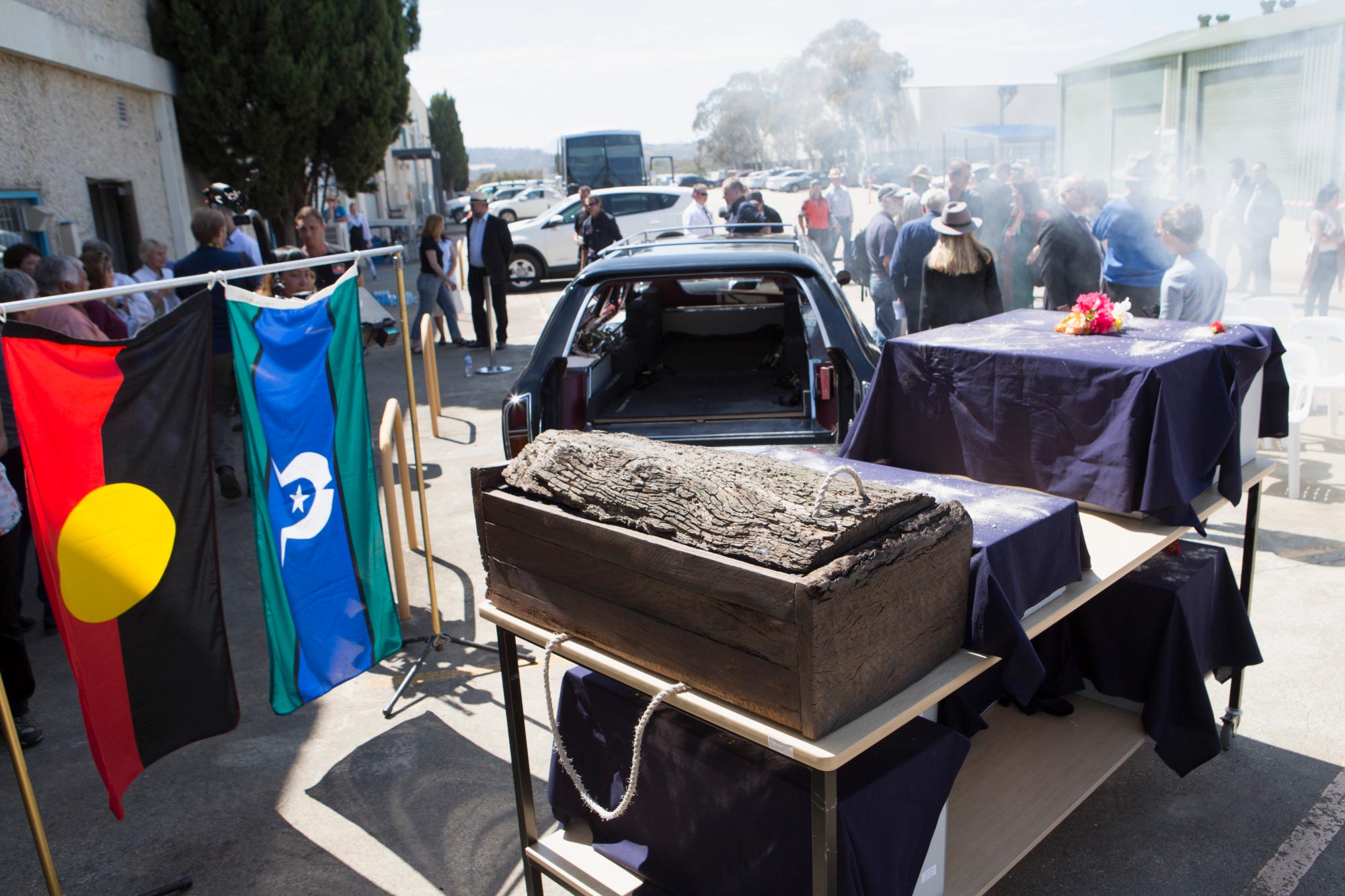 Casket containing the remains of Mungo Man at the beginning of his repatriation ceremony in Canberra, 2017.