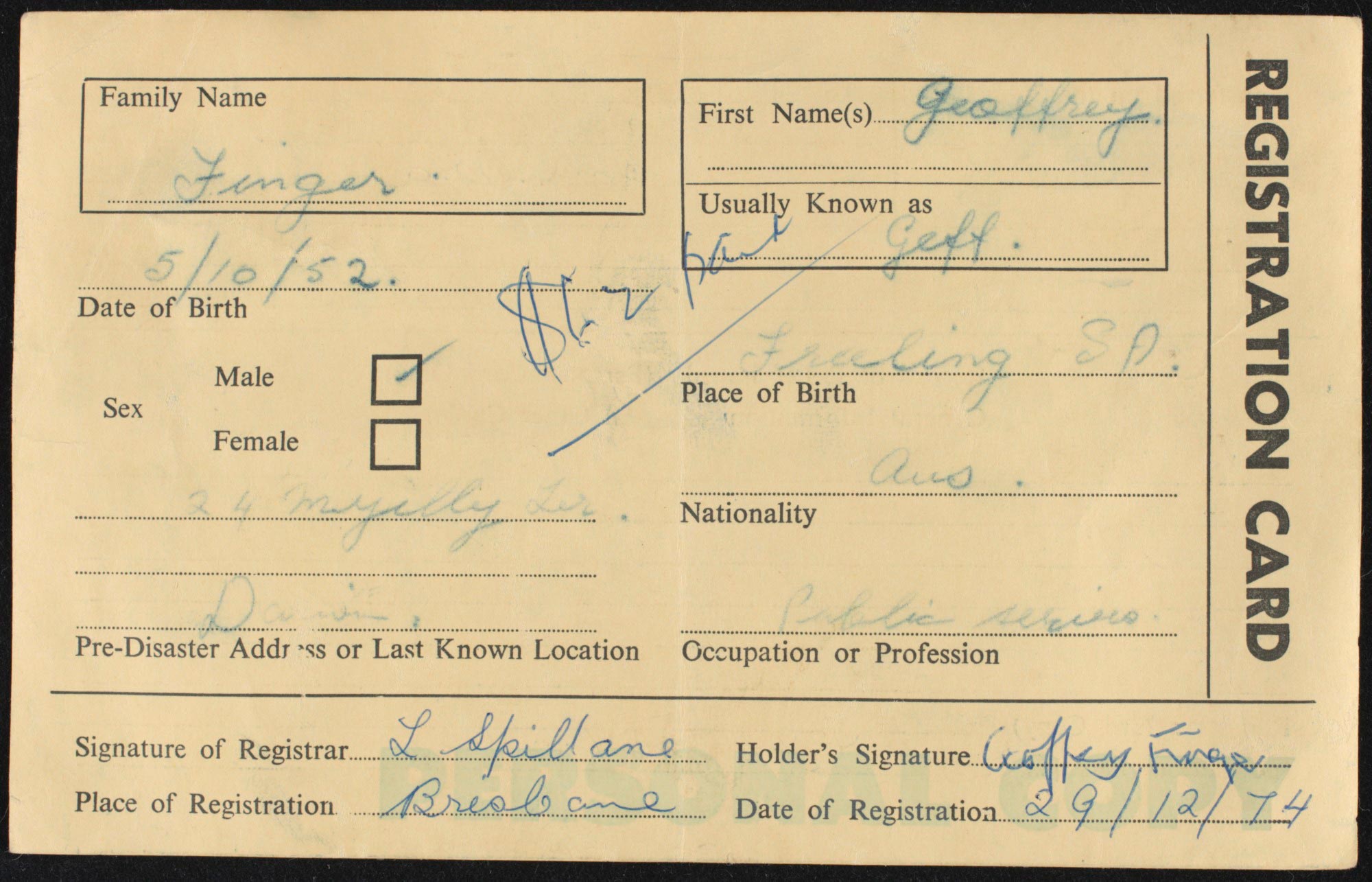 Cyclone Tracy evacuation registration card, 1974.