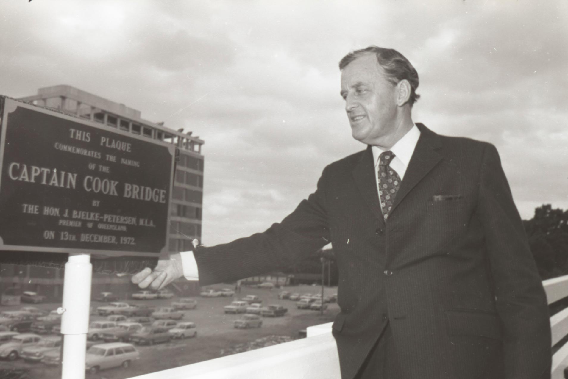Premier of Queensland Joh Bjelke-Peterson opening the Captain Cook Bridge, Brisbane, 1972.