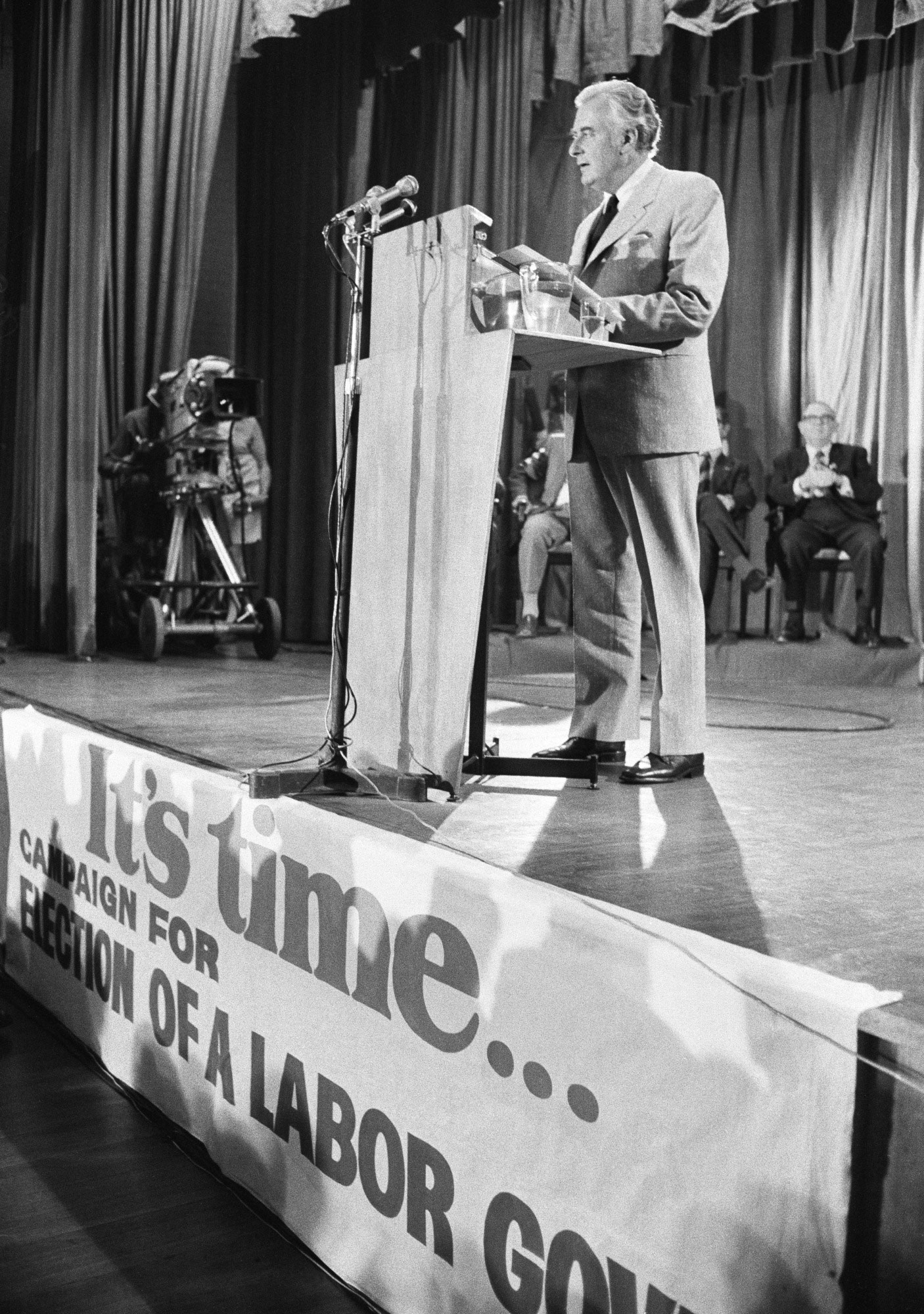 Gough Whitlam delivers the Labour Party's policy speech at Blacktown Civic Centre in Sydney, 1972.