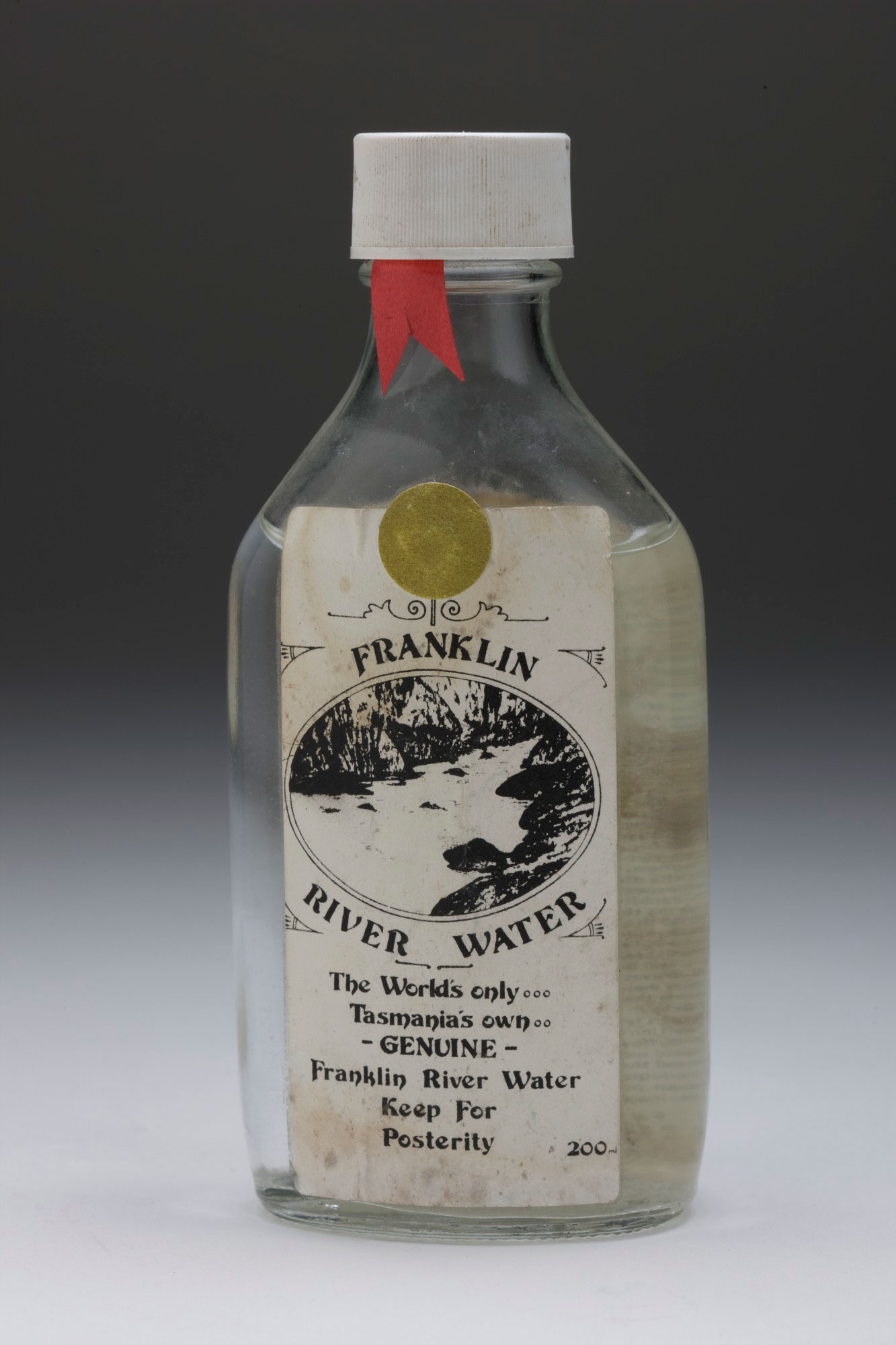 Bottle filled with Franklin River water, used for fundraising by The Wilderness Society.