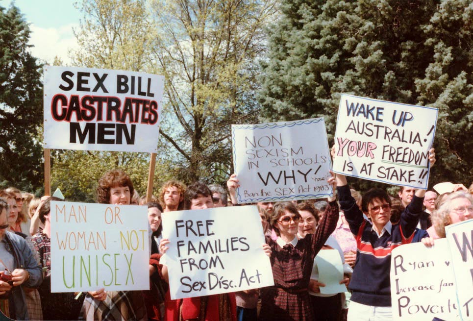 Protesters against the Sex Discrimination Act, 1984.