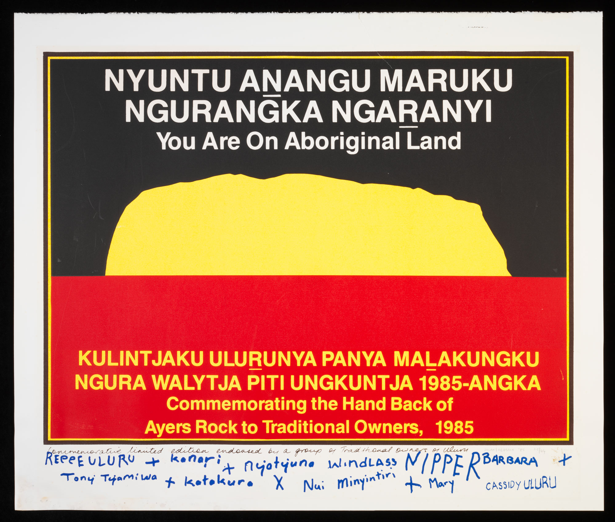 <p>Commemorative poster presented to Governor-General Sir Ninian Stephen on the occasion of the handing back of Ulu<u>r</u>u to its traditional owners in 1985. Artist: Chips Mackinolty</p>
