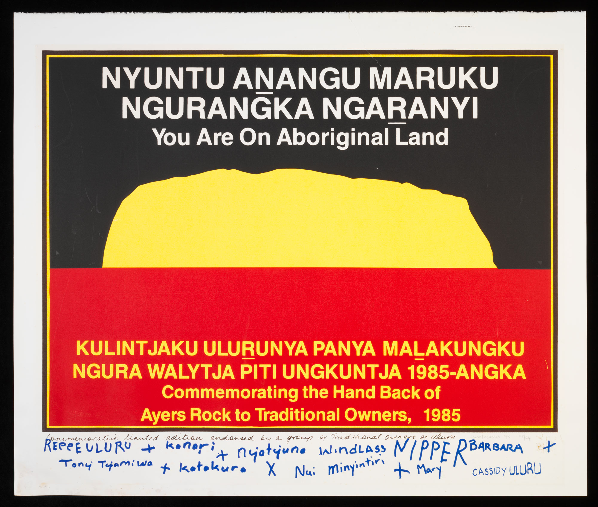 Commemorative poster presented to Governor-General Sir Ninian Stephen on the occasion of the handing back of Uluru to its traditional owners in 1985.
