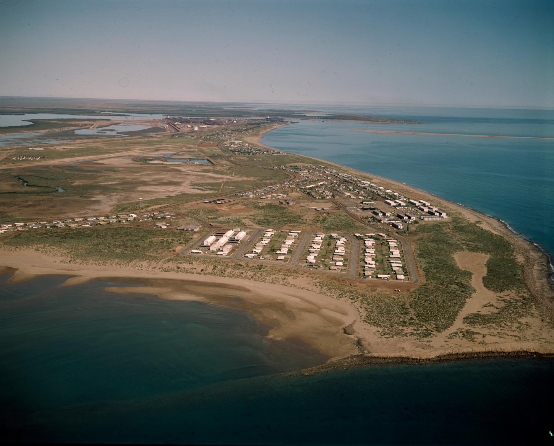 <p>Aerial photograph of Cooke Point, Port Hedland in 1973 when the buildings were still owned by BHP</p>
