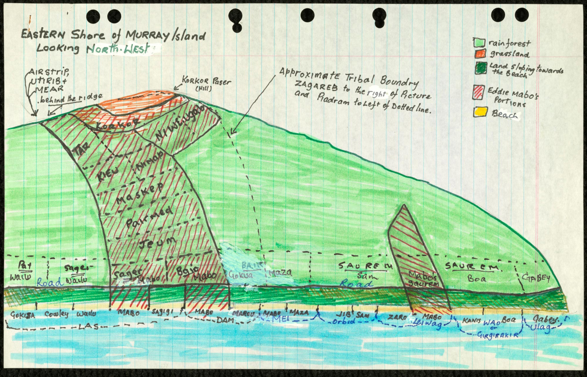 Hand-drawn map of Mer (Murray Island), by Eddie Mabo.
