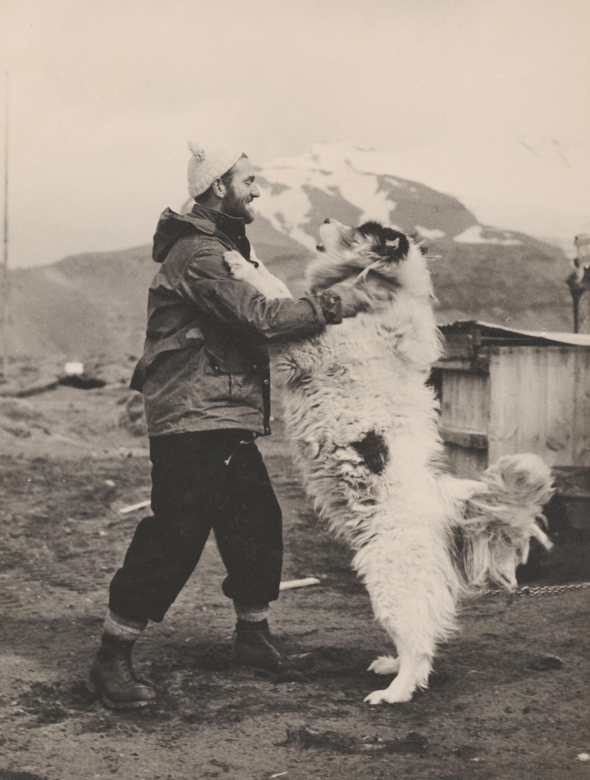 An explorer with George the husky, Antarctica, about 1955.