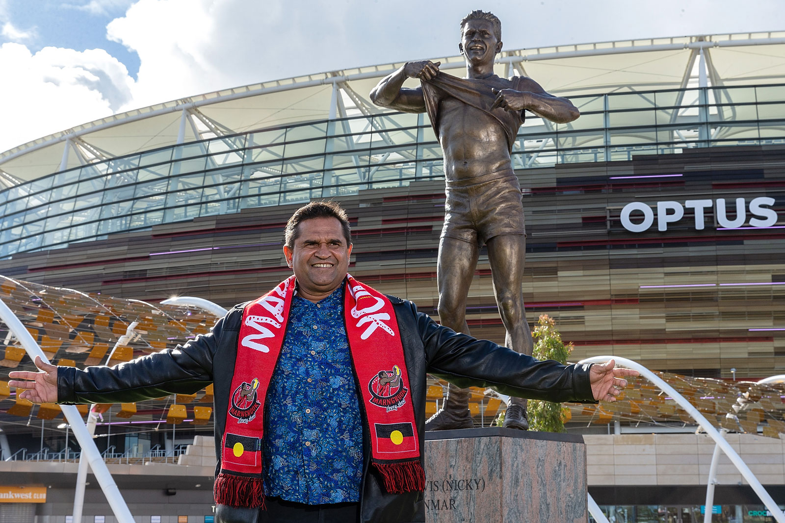 Nicky Winmar after the unveiling of the Nicky Winmar statue at Optus Stadium on 6 July 2019 in Perth, Australia.