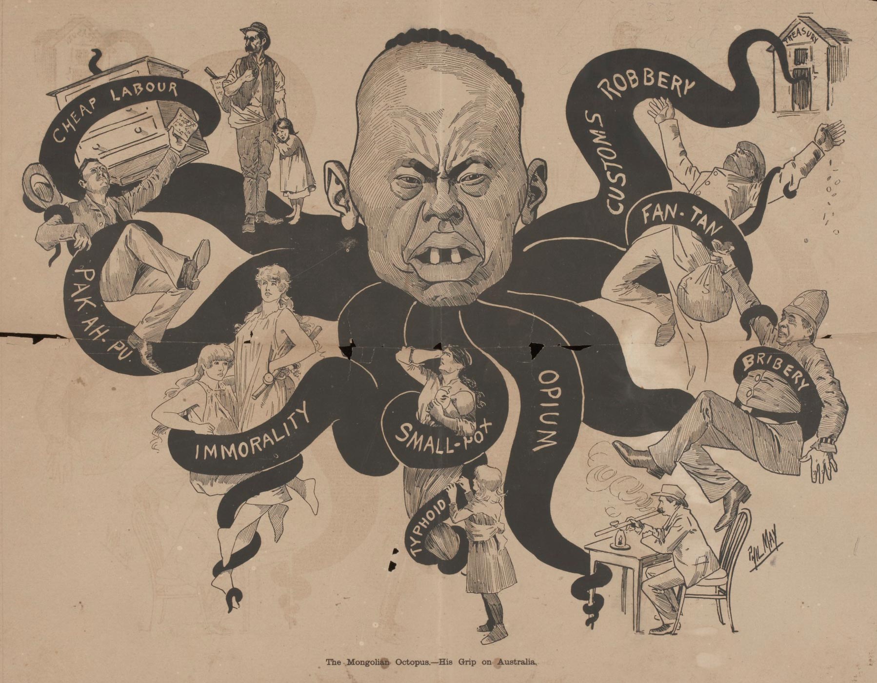 An anti-Chinese cartoon titled ‘The Mongolian Octopus’, published in the <i>Bulletin</i> in 1886.