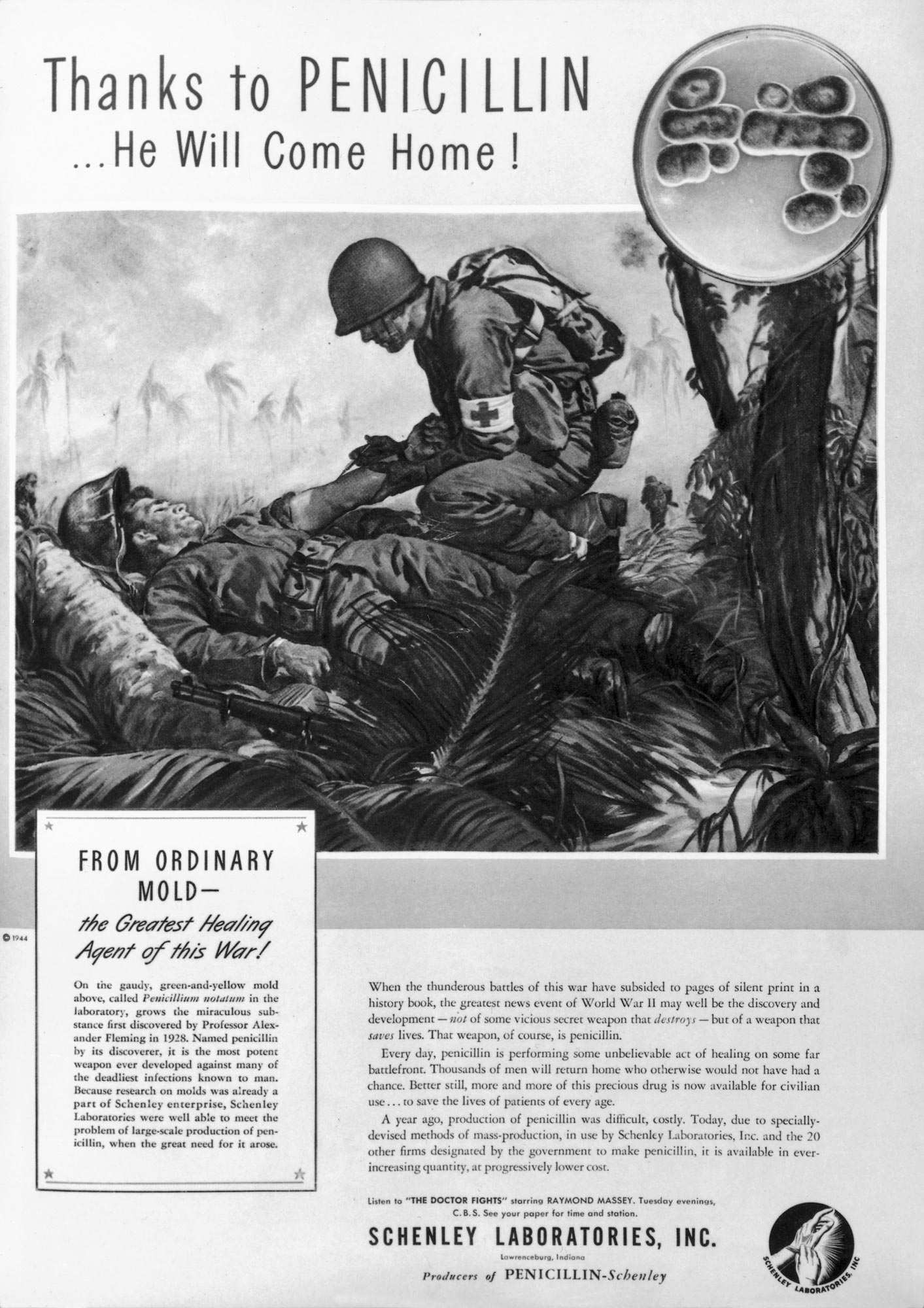 Advertisement for penicillin production from Life magazine, United States, 14 August 1944.