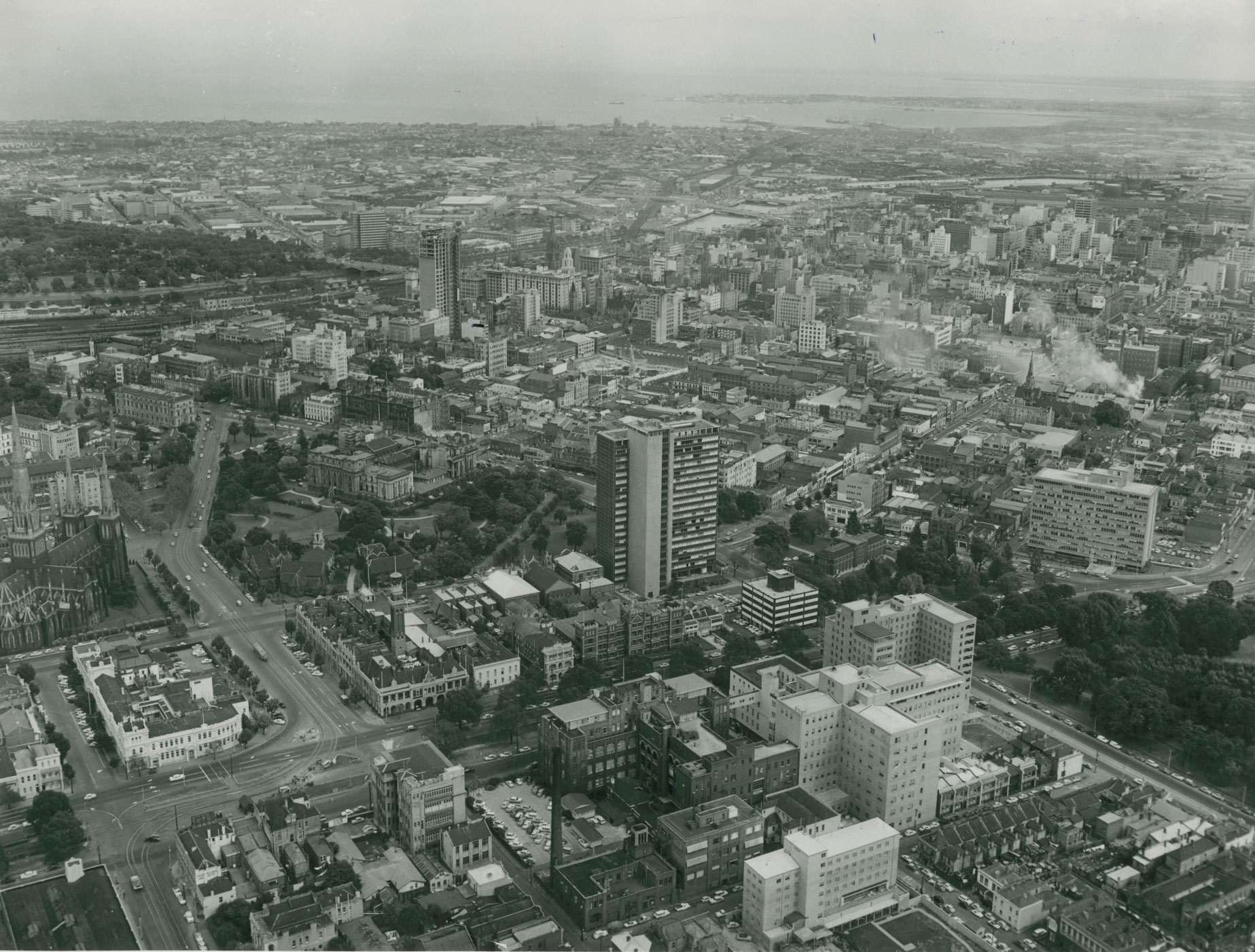 Aerial shot of ICI House (centre), East Melbourne.