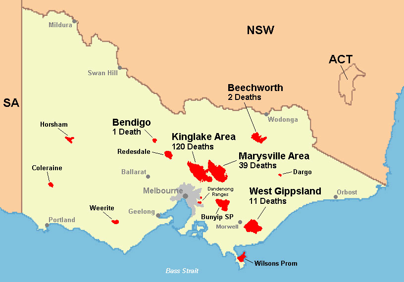 <p>Bushfires and death tolls by area, Black Saturday bushfires, Victoria, 2009</p>
