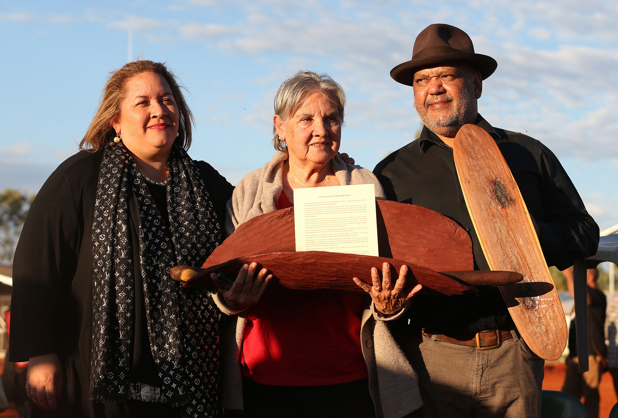 Megan Davis, Pat Anderson (holding piti with the Uluru Statement from the Heart inside) and Noel Pearson, 26 May 2017