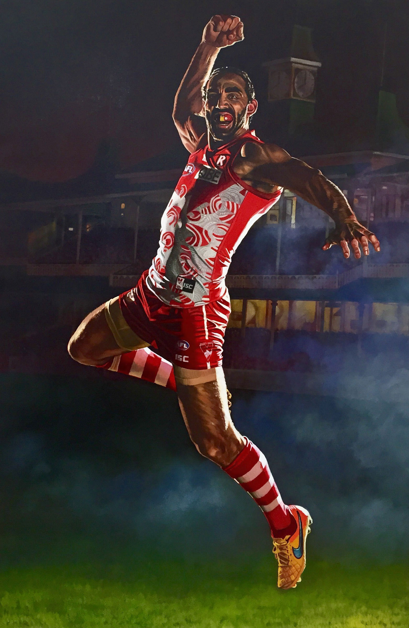 Adam Goodes – The Dance. Oil on canvas 1.8 x 1.2 metres by former AFL Fitzroy footballer, Jamie Cooper. This artwork was created in collaboration with Adam to celebrate his journey as an AFL footballer and a man.