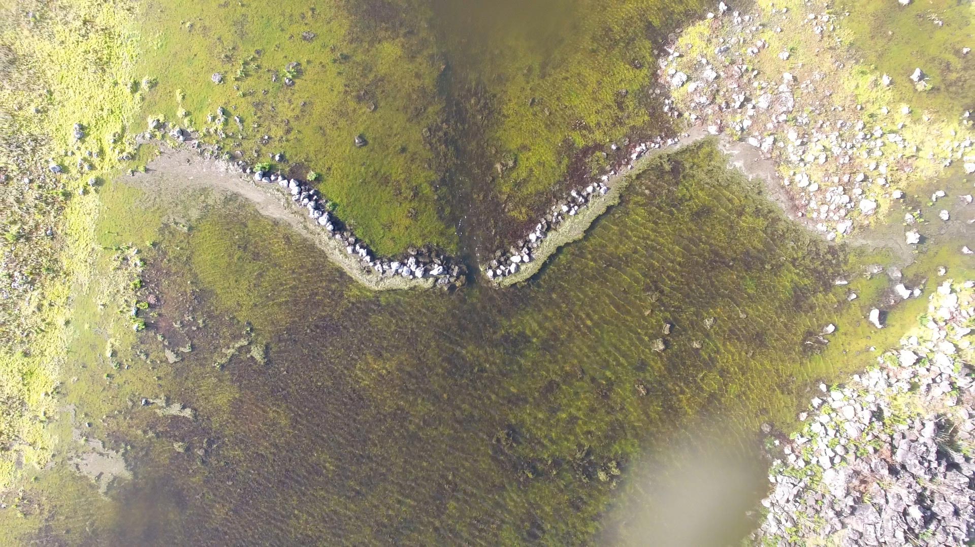 Drone image of weir, Budj Bim Cultural Landscape.