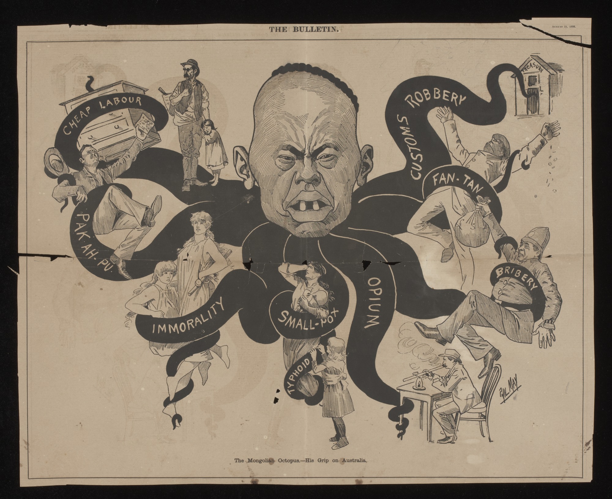 An anti-Chinese cartoontitled ‘The Mongolian Octopus’, published in the Bulletinin 1886.