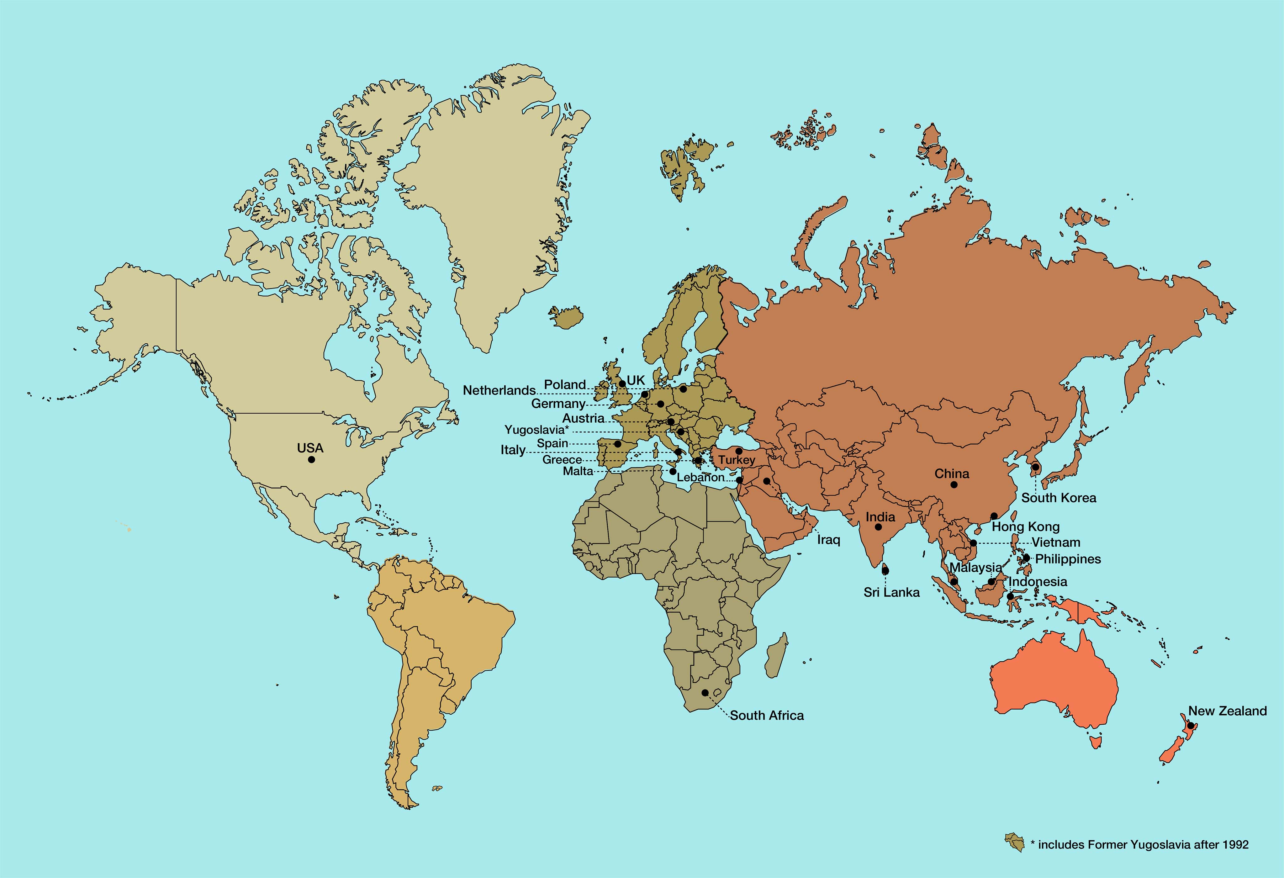 Map showing countries that are major providers of migrants to Australia.
