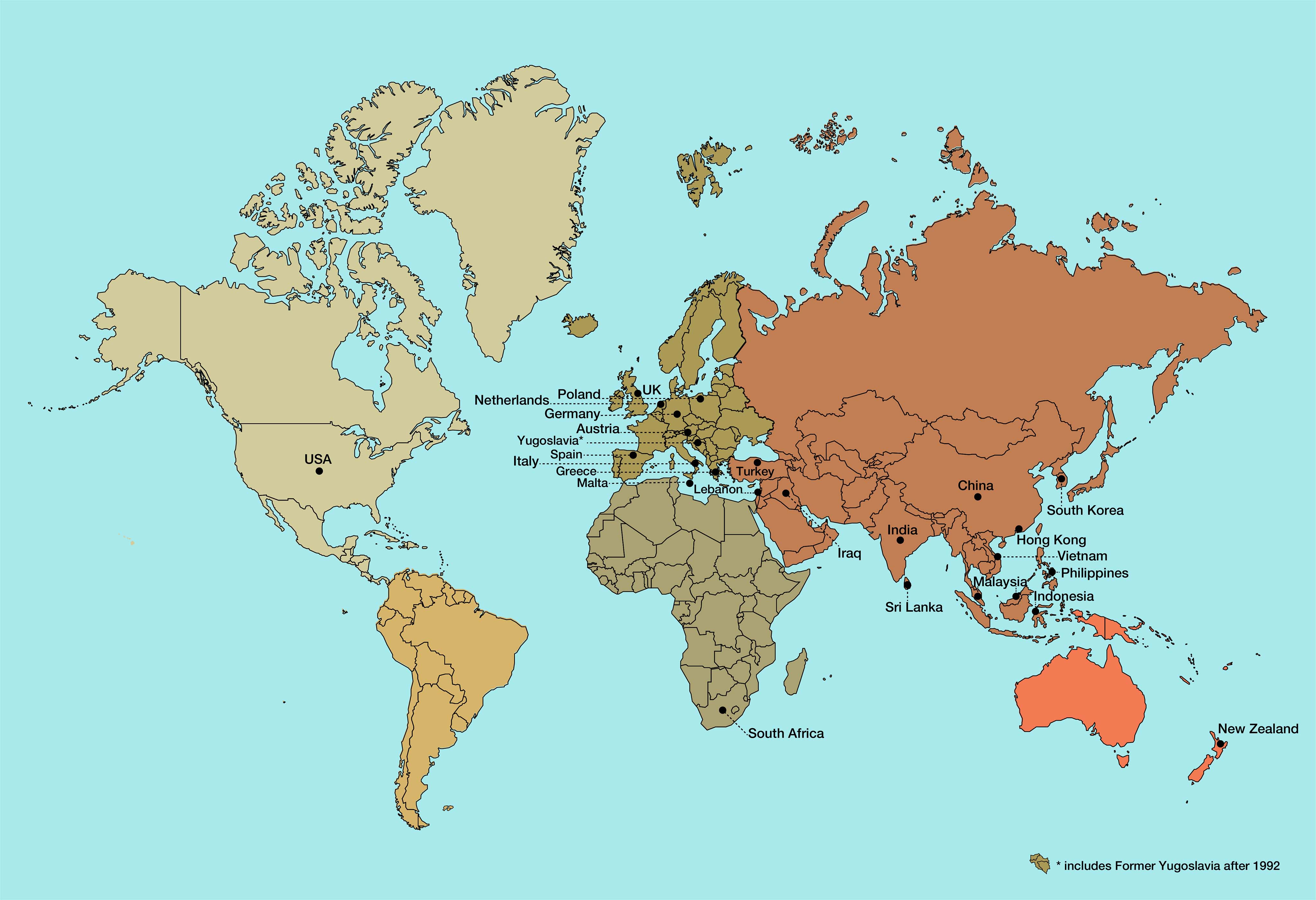 Map showing countries that are major providers of migrants to Australia.