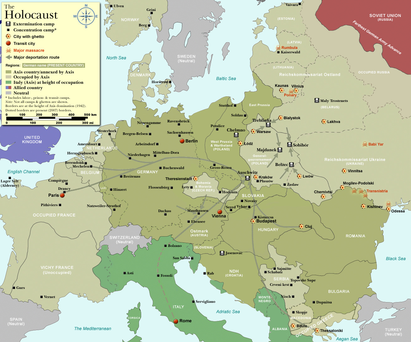 Map of the Holocaust in Europe during the Second World War. 