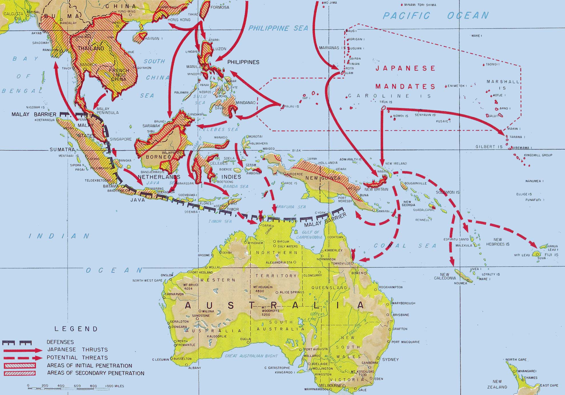 <p>Map of Japanese advances in the Pacific, 1941–42</p>
