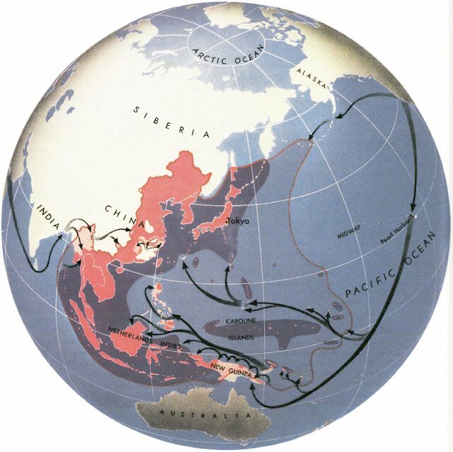 A world globe featuring Australia and Asia. Dark coloured arrows are directed towards areas of Asia which are highlighted in light red.