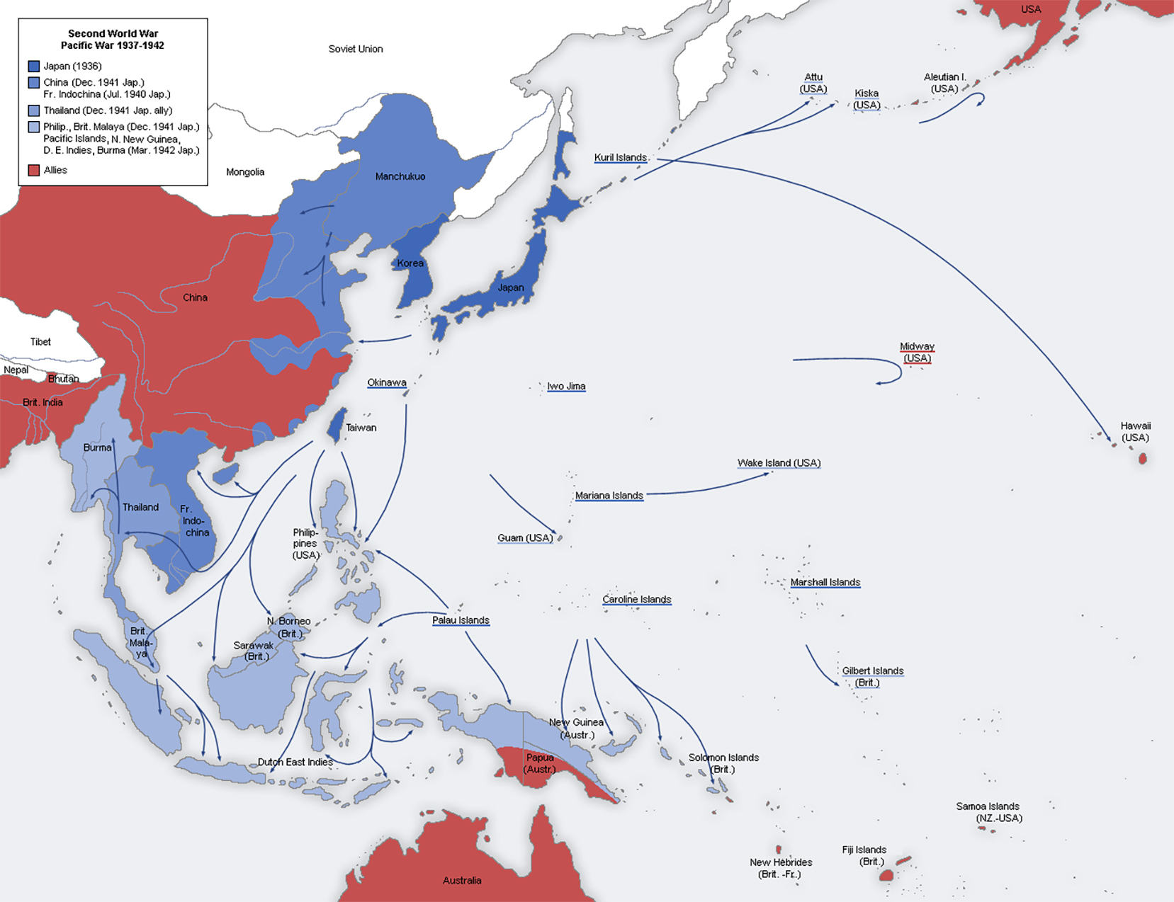 <p>Map showing Japanese advances during the Second World War,1937-42</p>