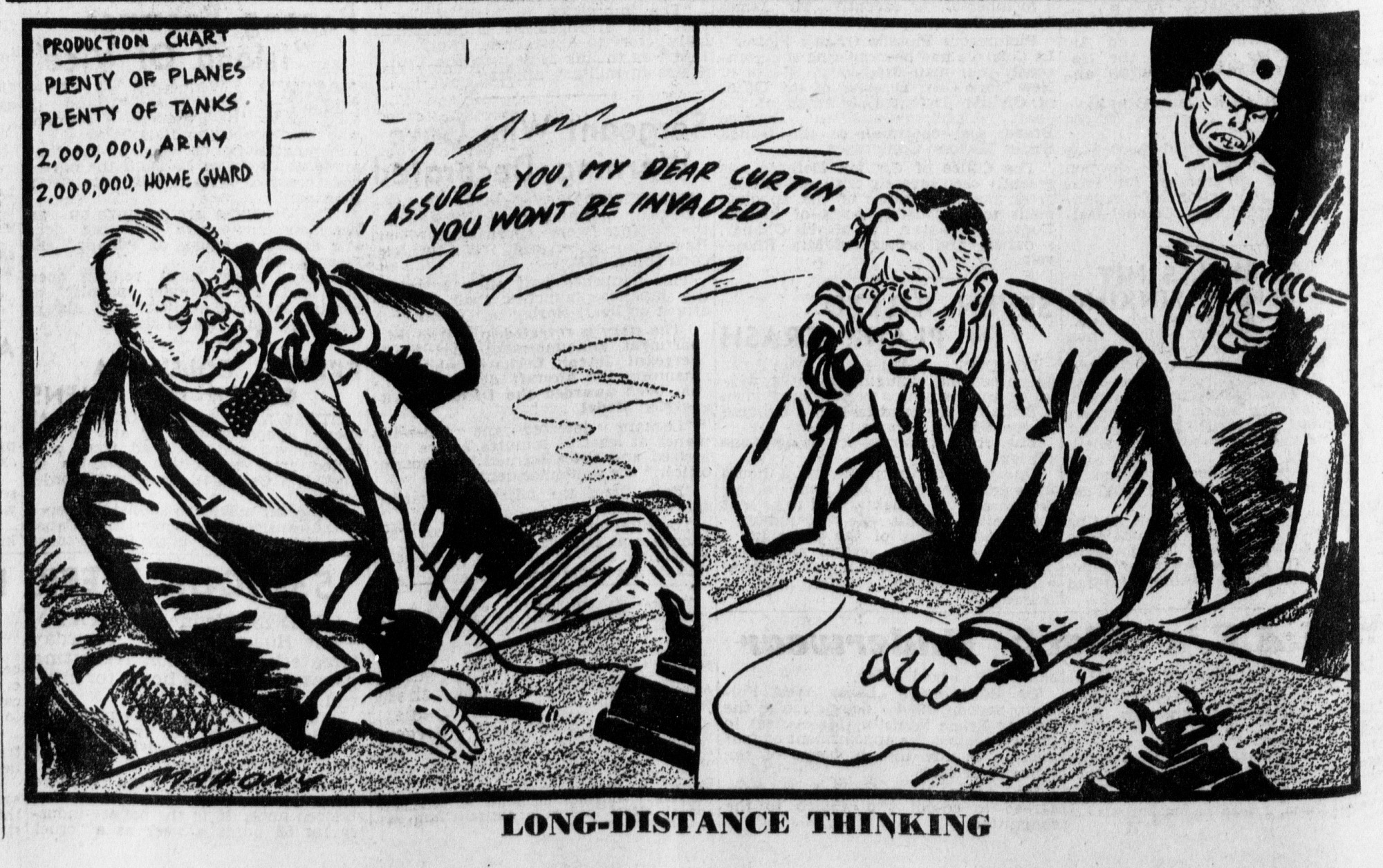 ‘Long distance thinking’ cartoon, by Mahony, The Daily Telegraph, 12 February 1942.