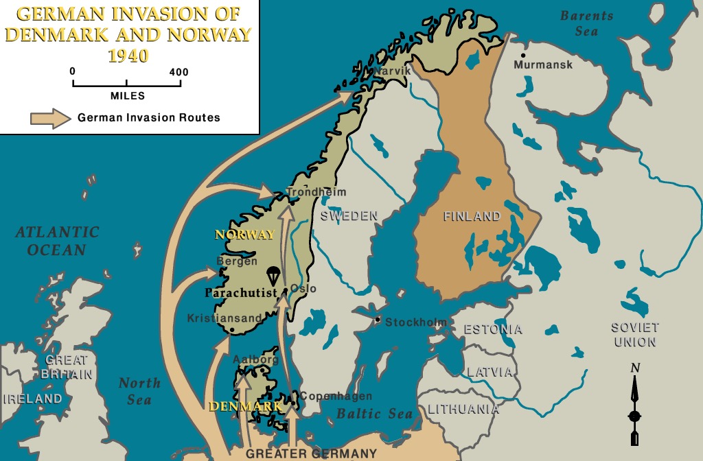 German invasion of Denmark and Norway, 1940.
