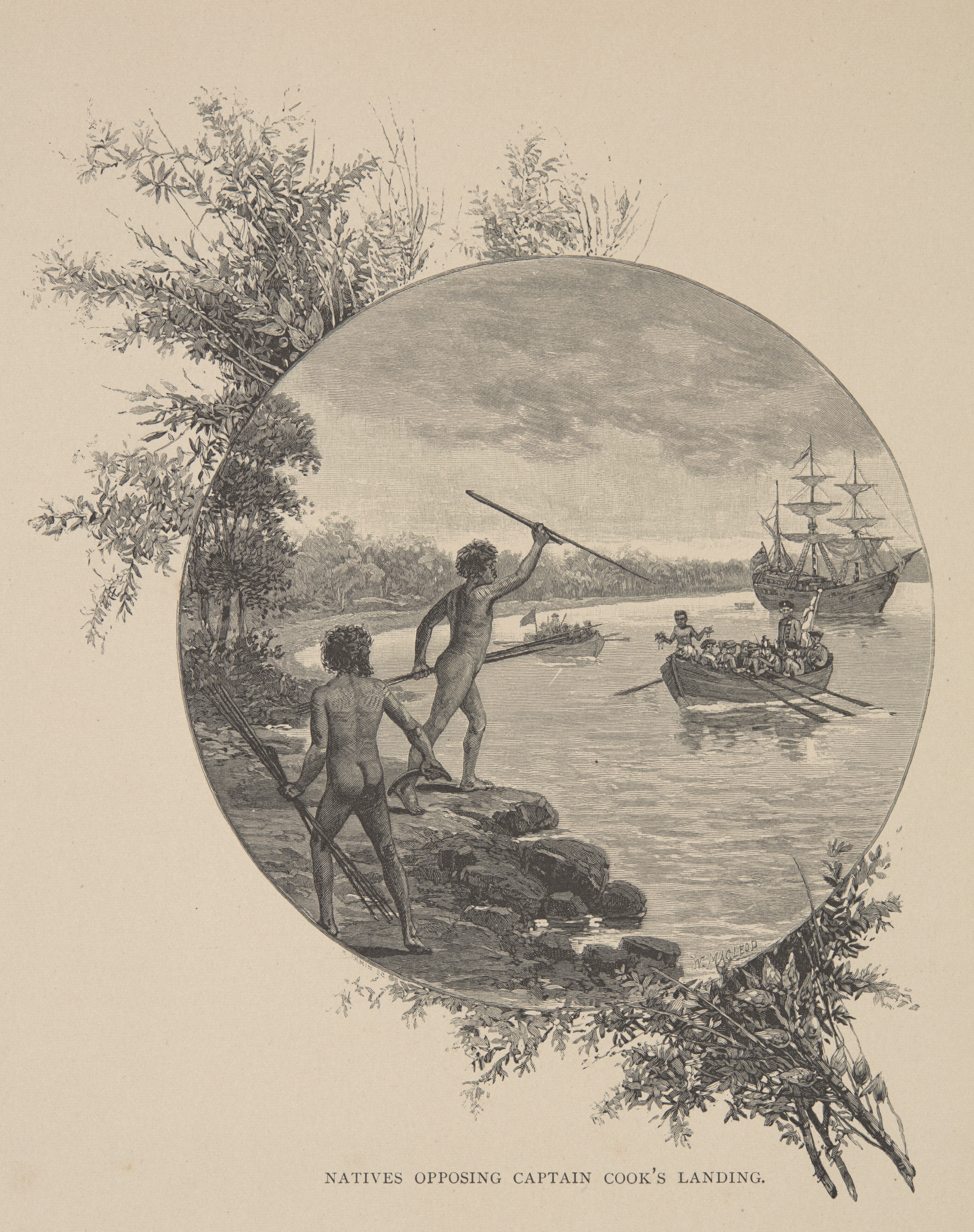 <p>‘Natives Opposing Captain Cook’s Landing’, in <em>Picturesque Atlas of Australasia,</em> 1886</p>
