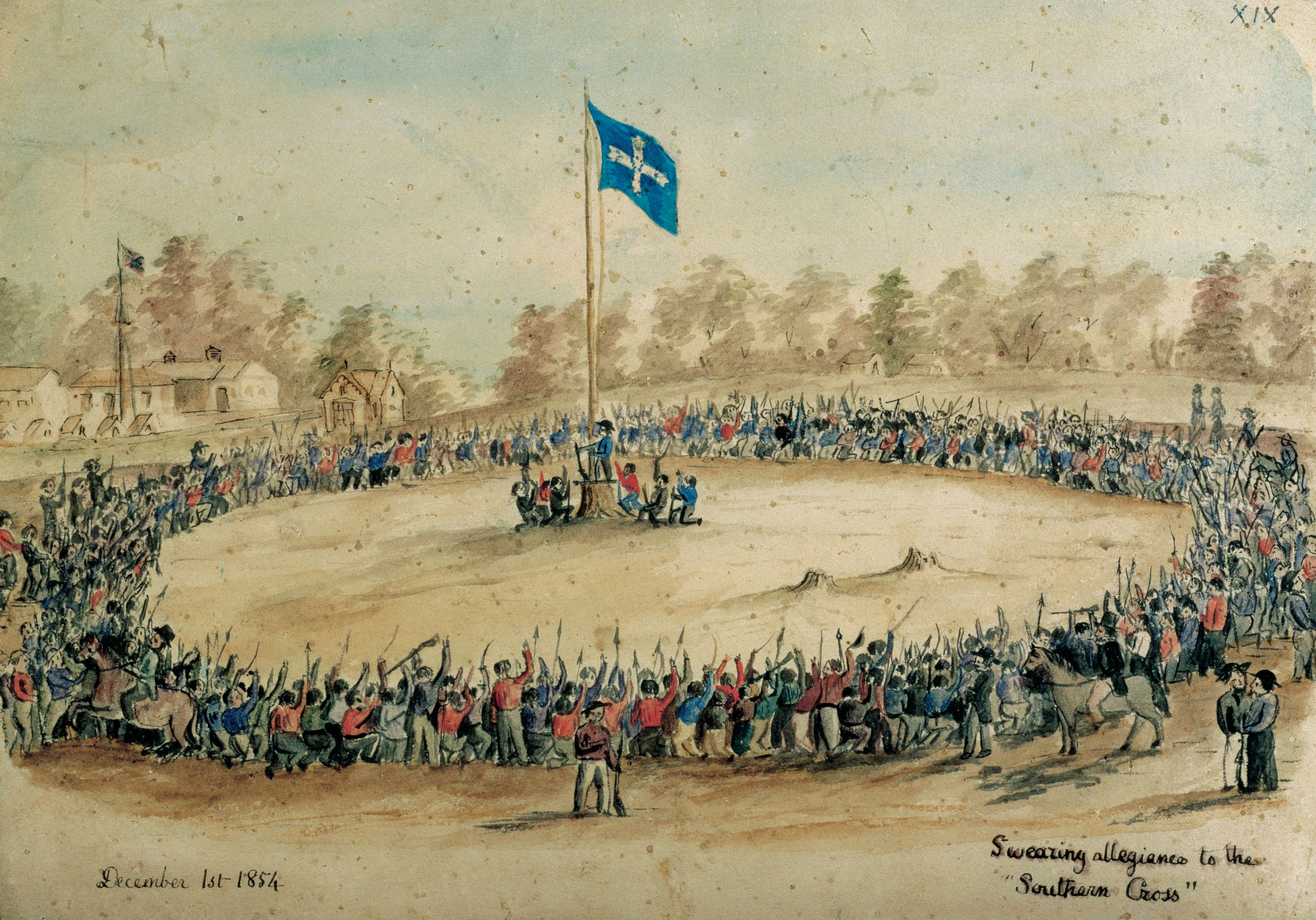 <p><em>Swearing Allegiance to the Southern Cross</em>, watercolour by Charles A Doudiet, 1 December 1854</p>
