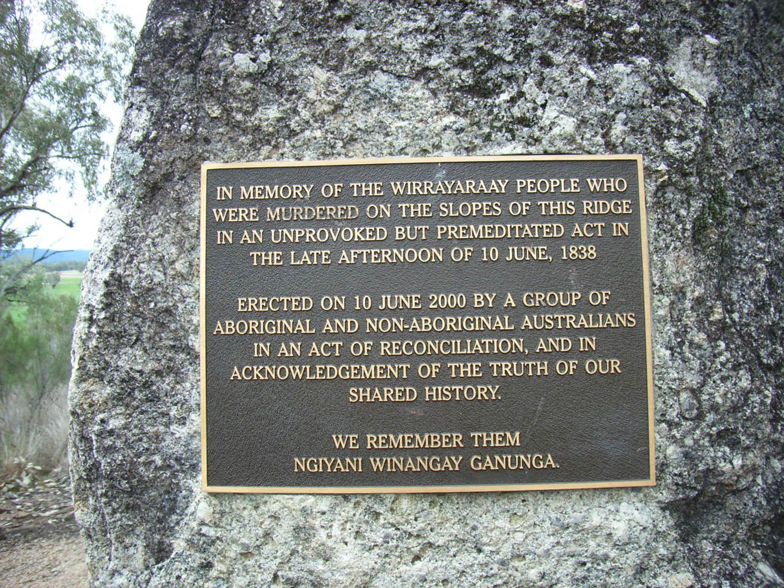 <p>Myall Creek massacre memorial plaque</p>
