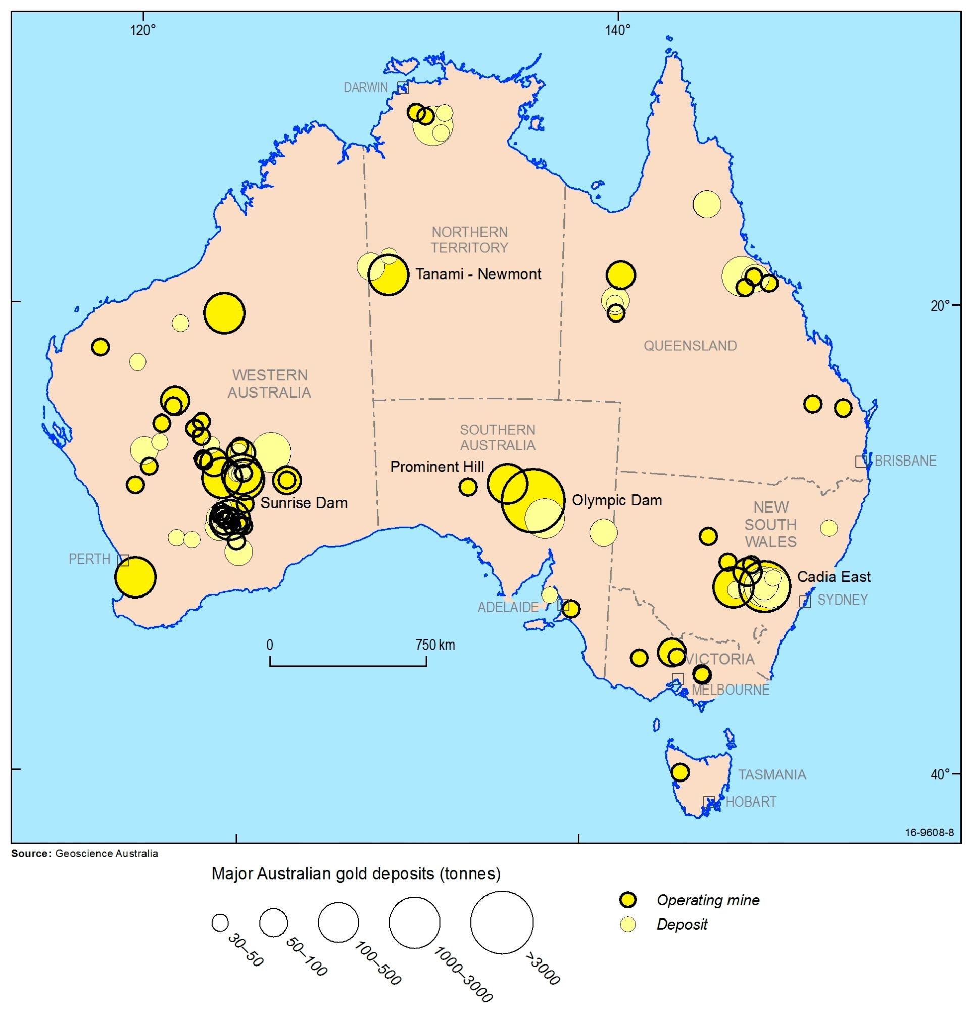 Australia's gold deposits and operating mines.