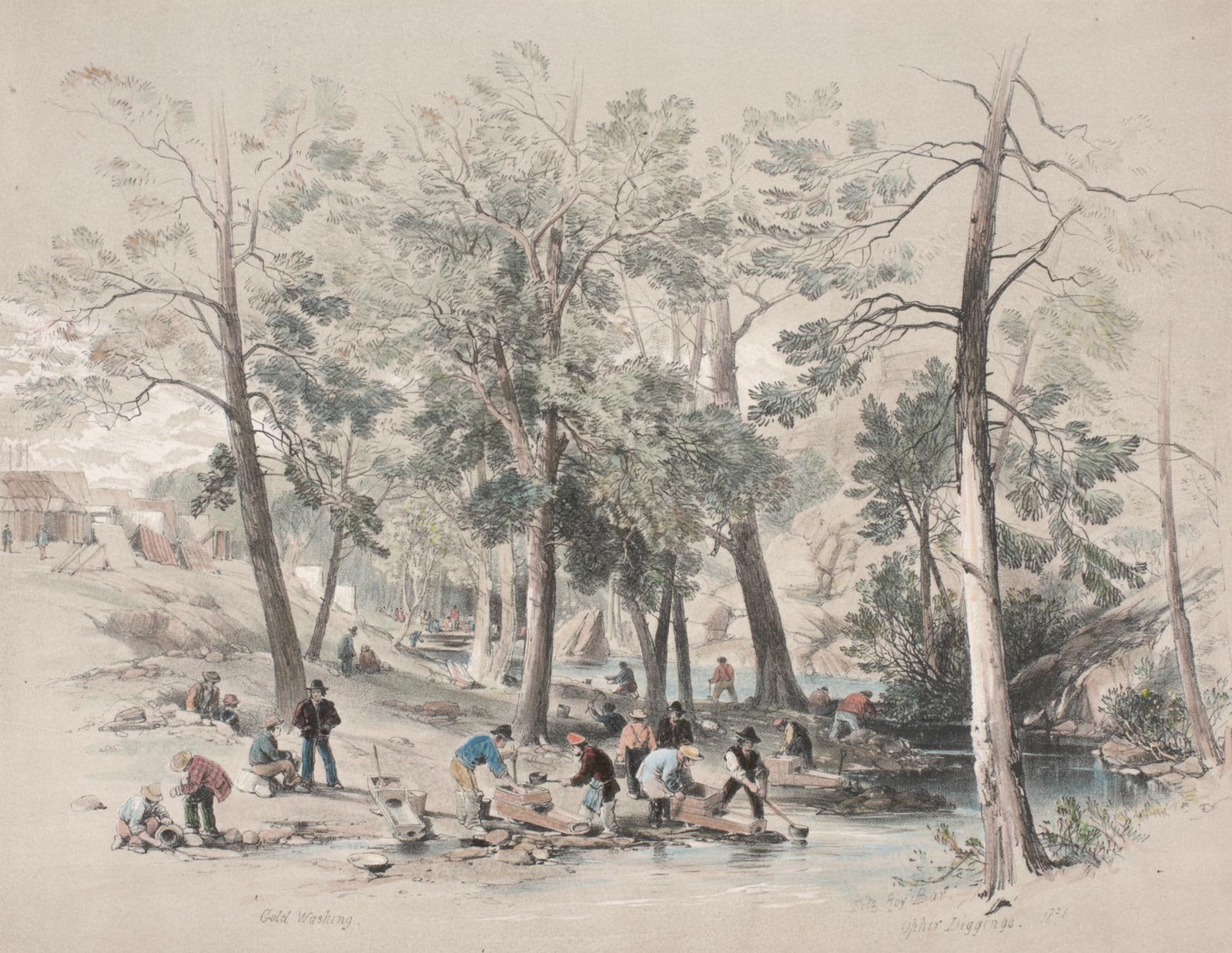 <p><em>Gold Washing. Fitz Roy Bar, Ophir Diggings, 1851</em>, by George Angas</p>
