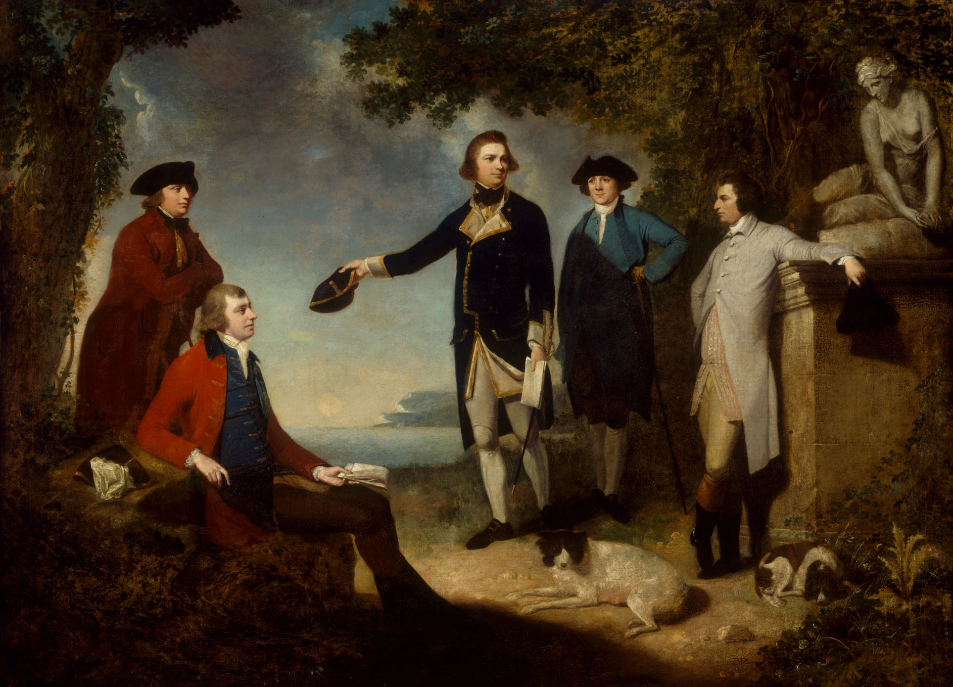 <p>Unsigned painting by John Hamilton Mortimer. Showing from left: Dr Daniel Solander, Sir Joseph Banks, Captain James Cook, Dr John Hawkesworth and Lord Sandwich</p>
