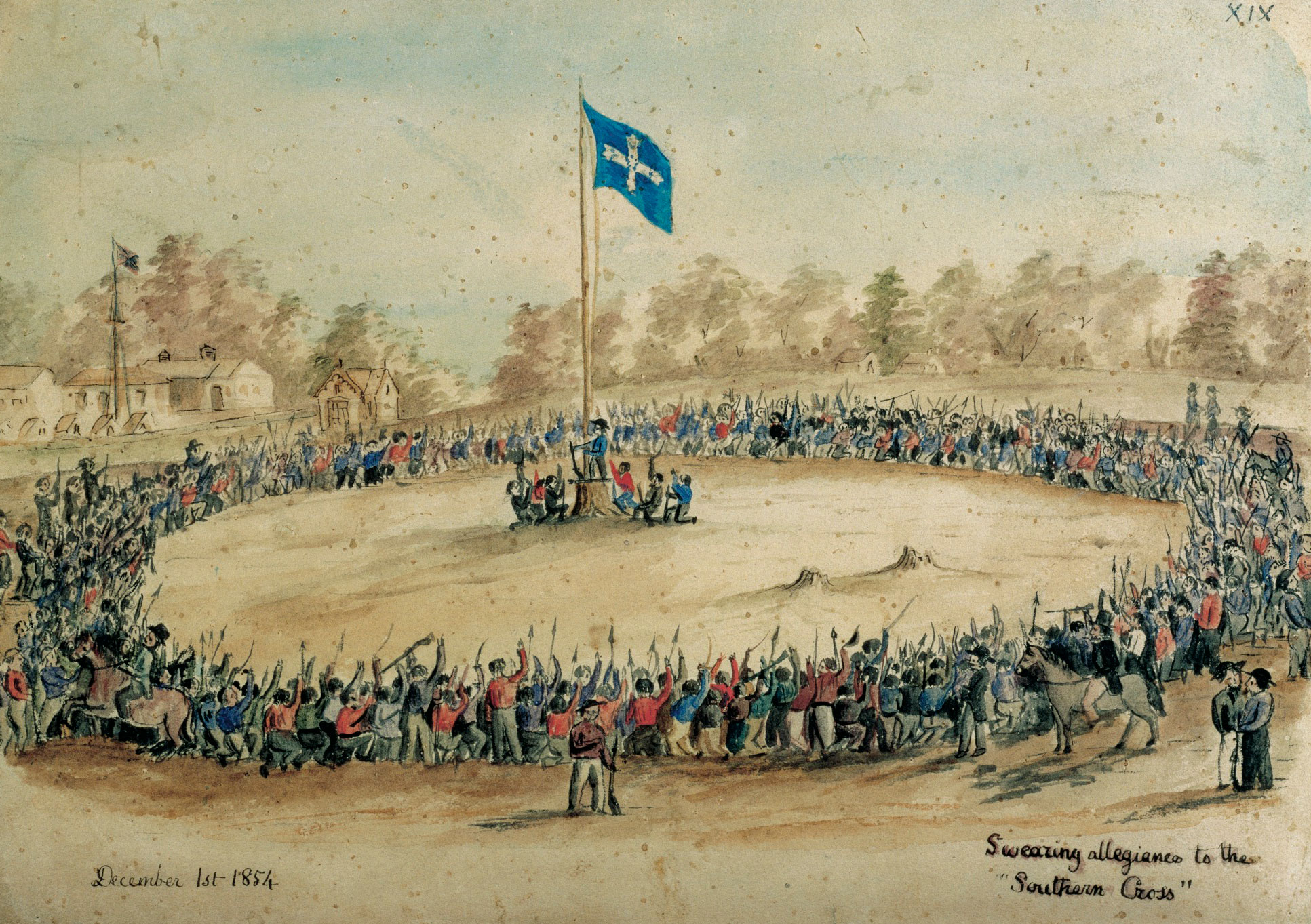 <p><em>Swearing Allegiance to the Southern Cross</em>, 1 December 1854, watercolour by Charles A Doudiet</p>
