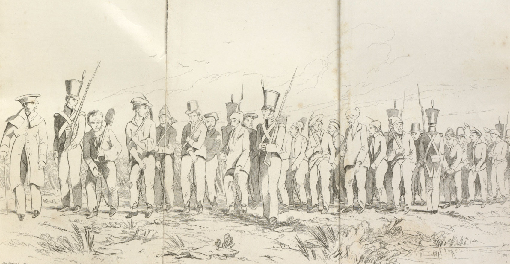 <p><em>A chain gang. Convicts going to work near Sidney</em> [sic], by Edward Backhouse, 1842</p>
