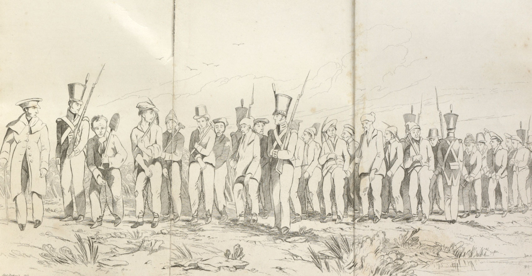A chain gang. Convicts going to work near Sidney [sic], by Edward Backhouse, 1842.