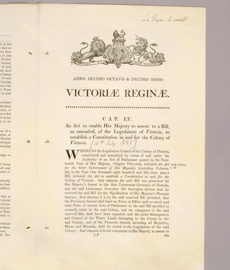 Page from the Victoria Constitution Act 1855 (UK).