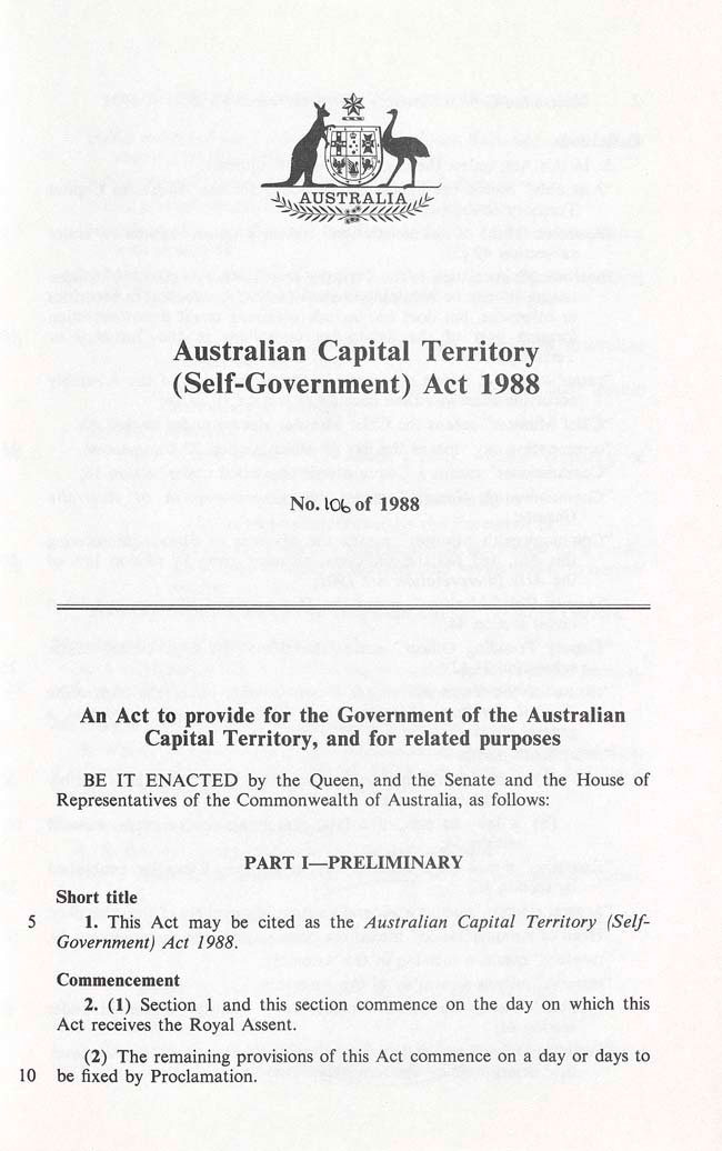 Australian Capital Territory (Self-Government) Act 1988.
