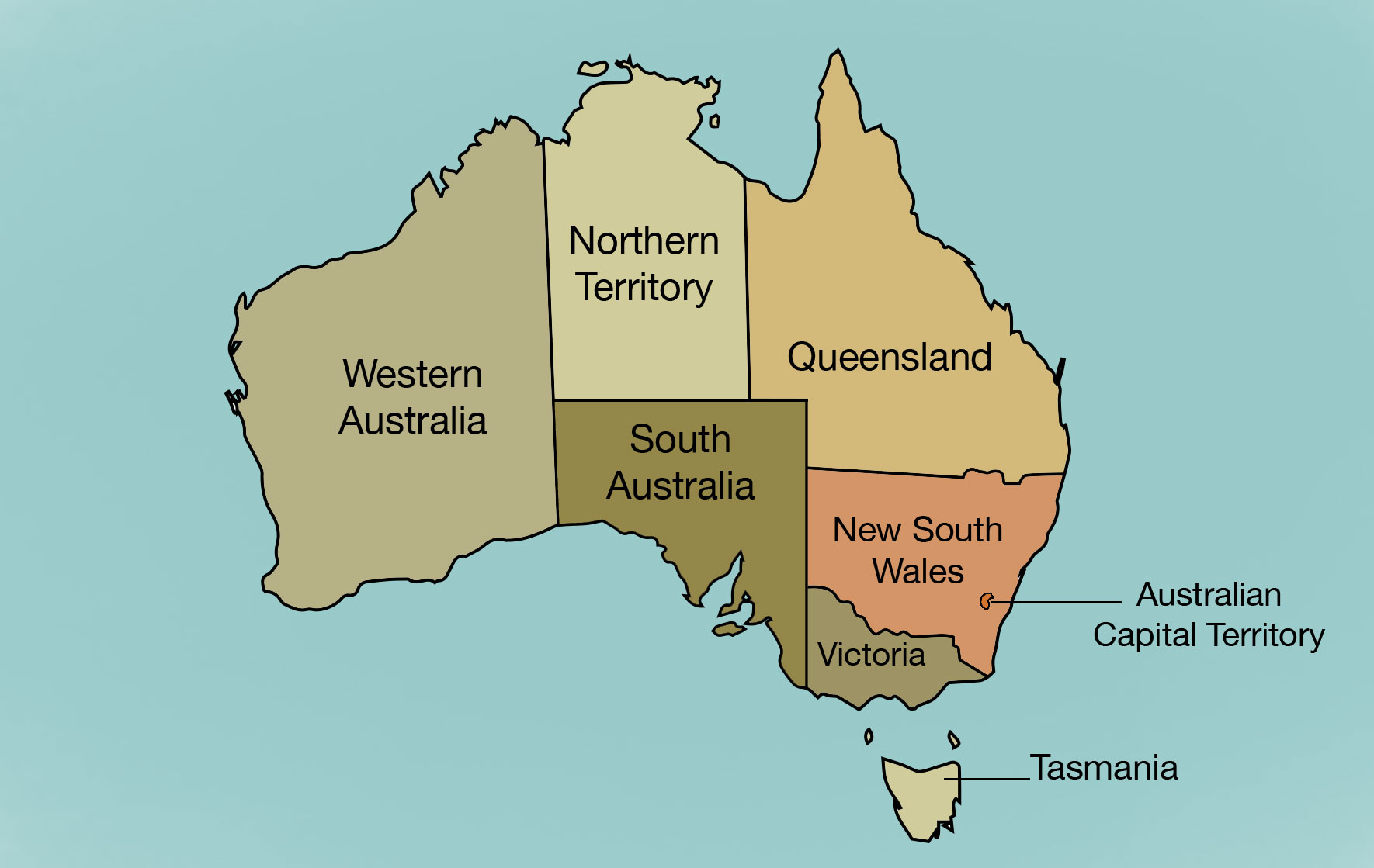 <p>Map of Australia, showing states and territories</p>
